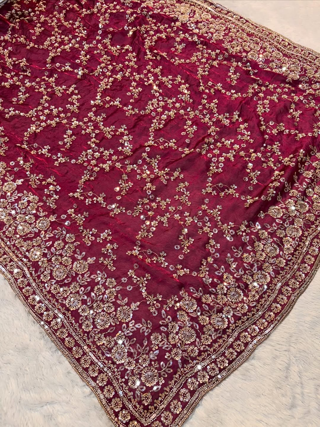 Ultra Luxury Maroon Fandy Satin Silk Saree with Gold Beads, Cutdana, Sequins Embroidery Work (SC38116) - Image 2