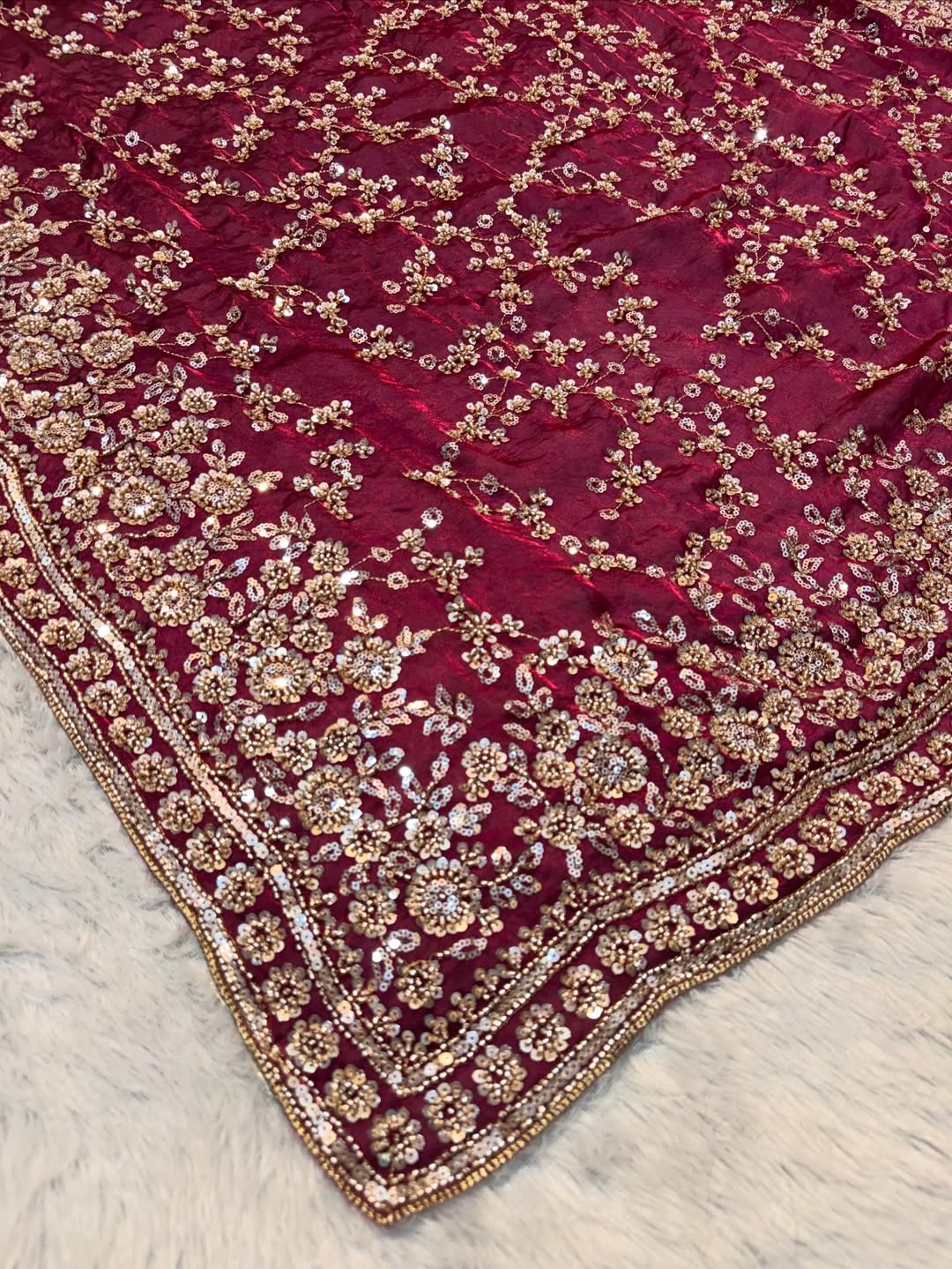 Ultra Luxury Maroon Fandy Satin Silk Saree with Gold Beads, Cutdana, Sequins Embroidery Work (SC38116) - Image 3