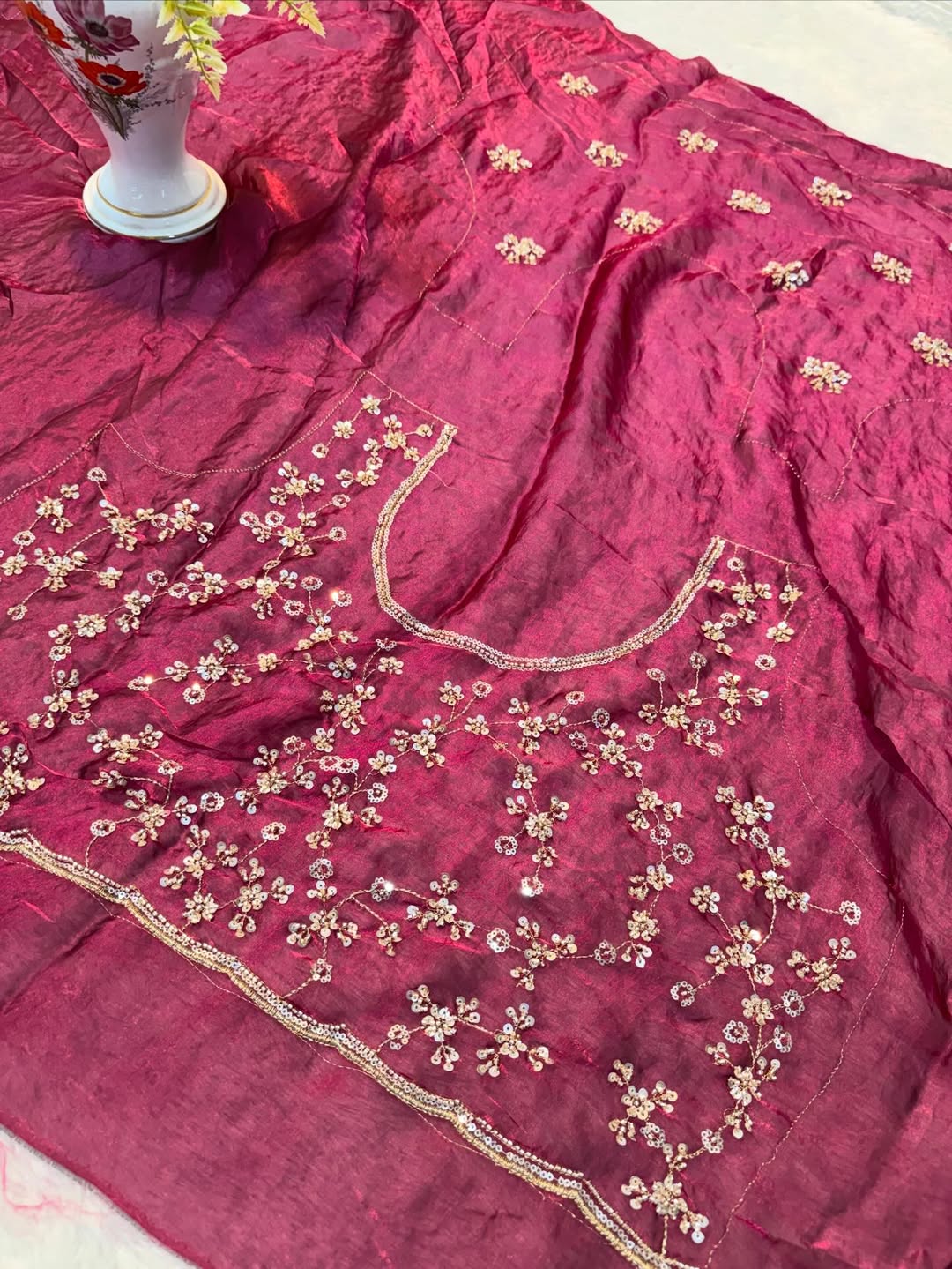 Ultra Luxury Maroon Fandy Satin Silk Saree with Gold Beads, Cutdana, Sequins Embroidery Work (SC38116) - Image 4