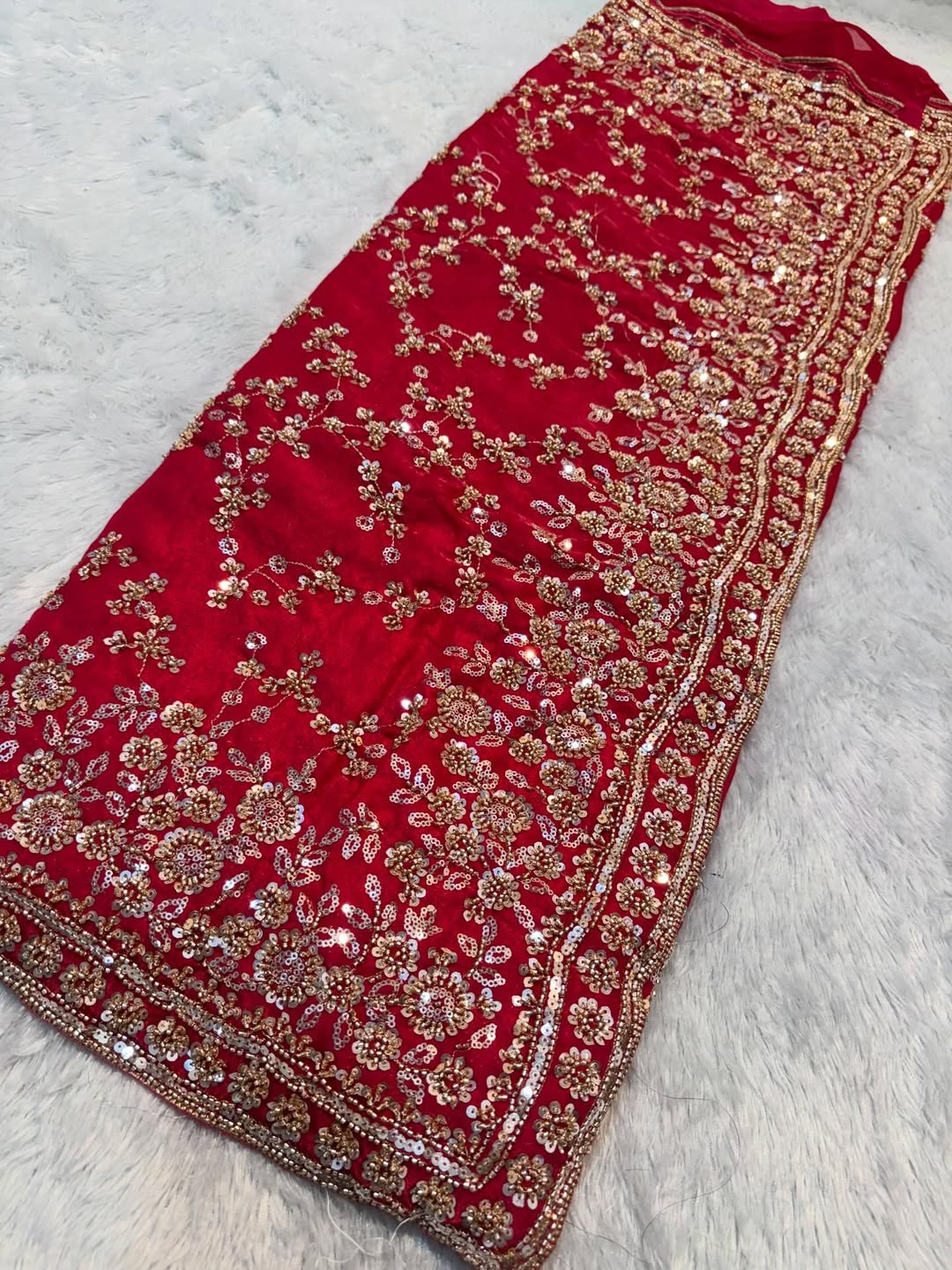 Ultra Luxury Red Fandy Satin Silk Saree with Gold Beads, Cutdana, Sequins Embroidery Work (SC38115)