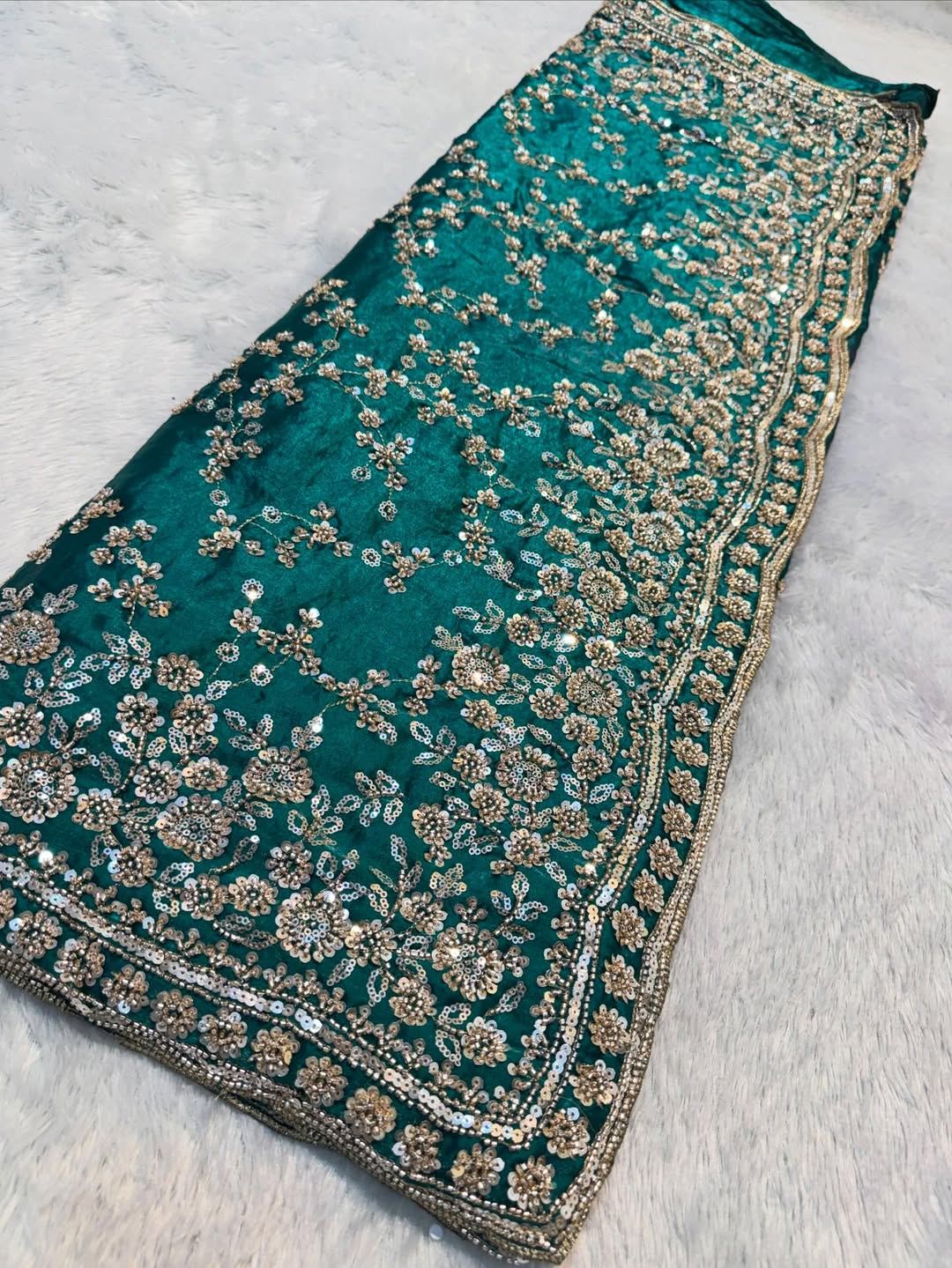 Ultra Luxury Emerald Fandy Satin Silk Saree with Gold Beads, Cutdana, Sequins Embroidery Work (SC38113)