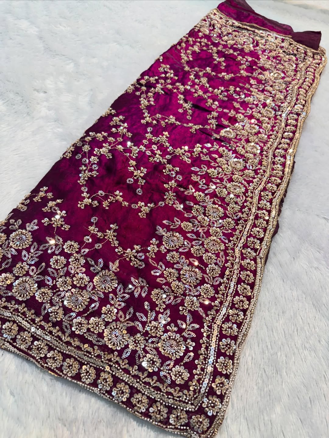 Ultra Luxury Magenta Wine Fandy Satin Silk Saree with Gold Beads, Cutdana, Sequins Embroidery Work (SC38114)