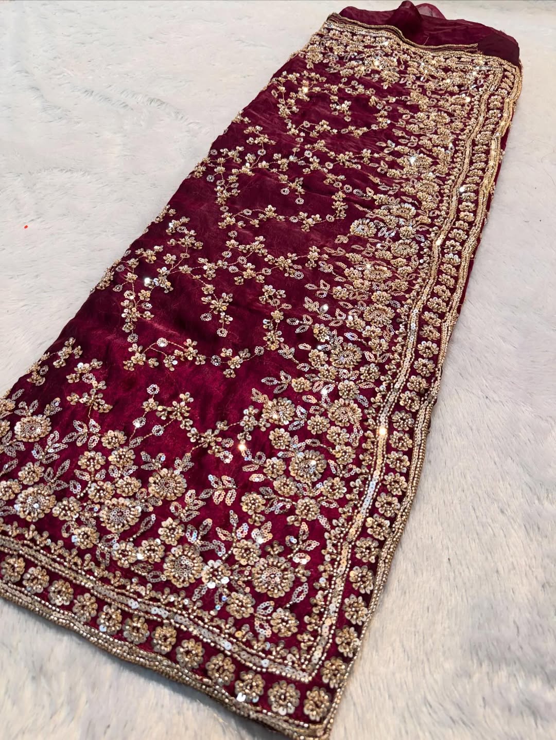 Ultra Luxury Maroon Fandy Satin Silk Saree with Gold Beads, Cutdana, Sequins Embroidery Work (SC38116)