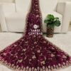Magenta Wine Ultra Luxury Fandy Satin Silk Saree with Gold Beads, Cutdana, Sequins Embroidery Work (SC22114)