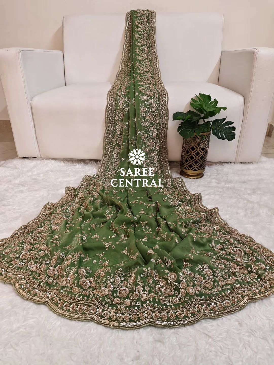 Ultra Luxury Green Fandy Satin Silk Saree with Gold Beads, Cutdana, Sequins Embroidery Work (SC38122)