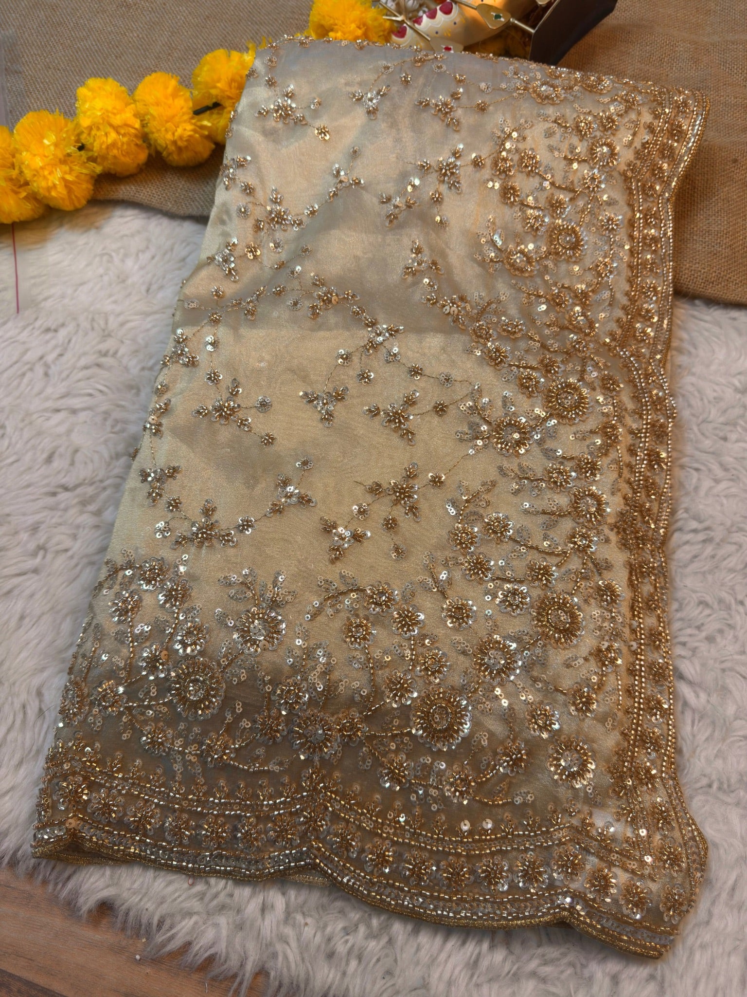 Ultra Luxury Champagne Gold Fandy Satin Silk Saree with Gold Beads, Cutdana, Sequins Embroidery Work (SC38117)