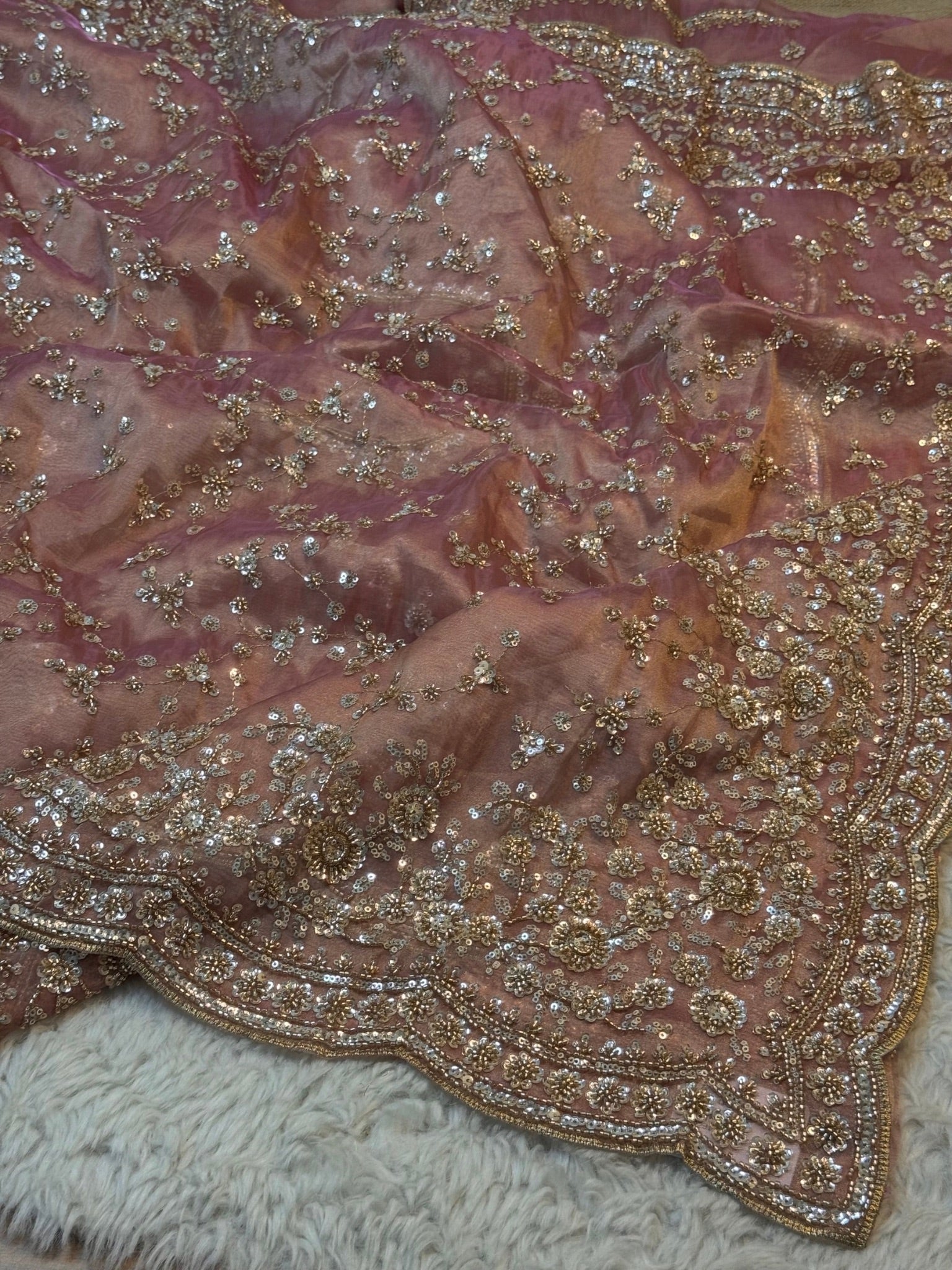Ultra Luxury Peachy Blush Pink Fandy Satin Silk Saree with Gold Beads, Cutdana, Sequins Embroidery Work (SC38119)