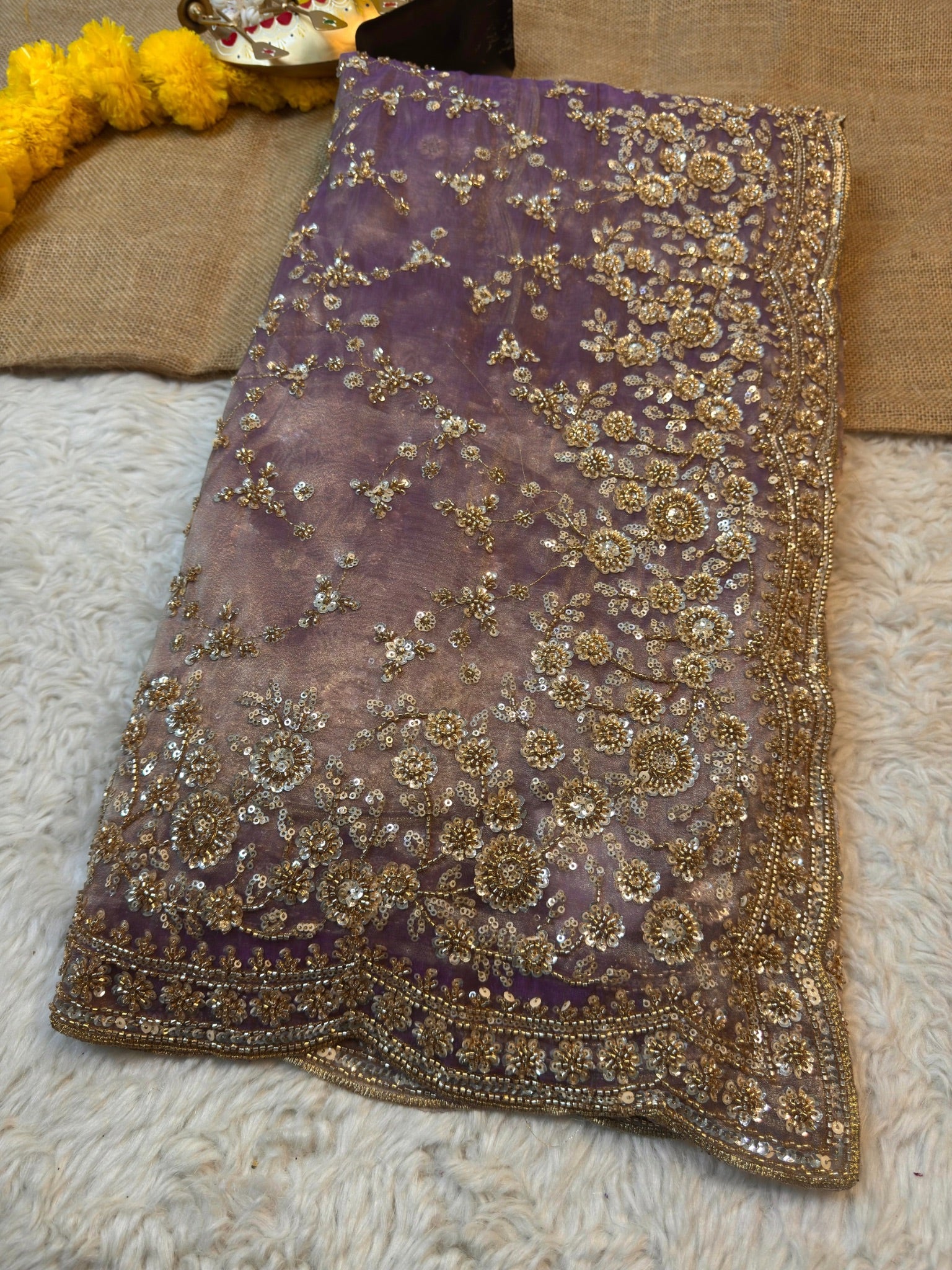 Ultra Luxury Dusty Wine Mauve Fandy Satin Silk Saree with Gold Beads, Cutdana, Sequins Embroidery Work (SC38120)