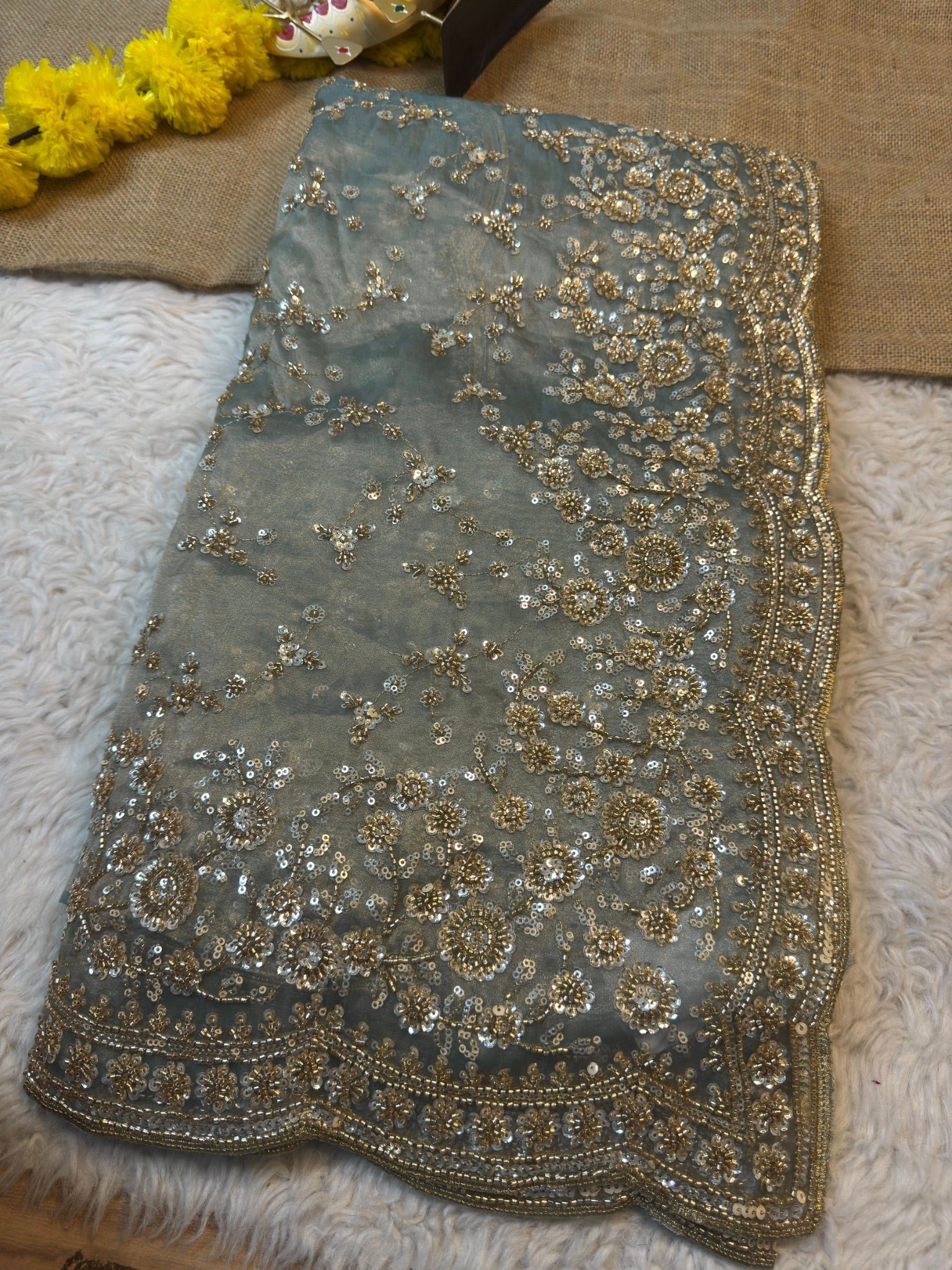 Ultra Luxury Sage Green Fandy Satin Silk Saree with Gold Beads, Cutdana, Sequins Embroidery Work (SC38118)