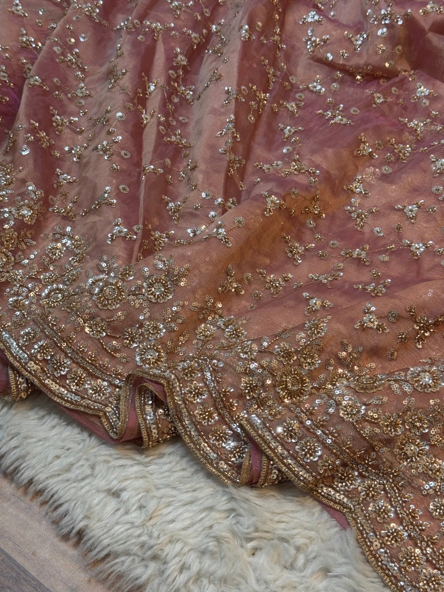 Ultra Luxury Peachy Blush Pink Fandy Satin Silk Saree with Gold Beads, Cutdana, Sequins Embroidery Work (SC38119) - Image 2