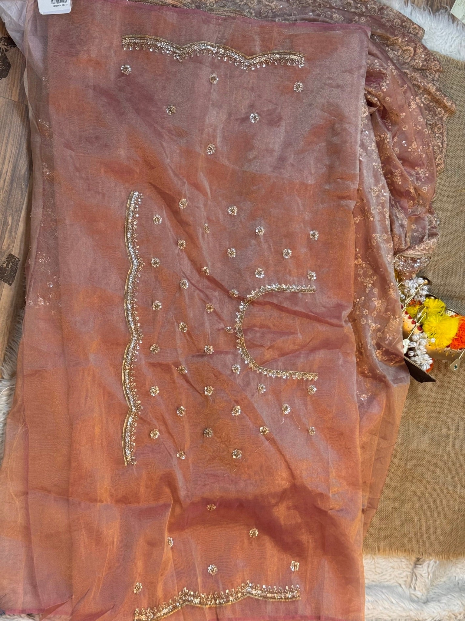 Ultra Luxury Peachy Blush Pink Fandy Satin Silk Saree with Gold Beads, Cutdana, Sequins Embroidery Work (SC38119) - Image 4