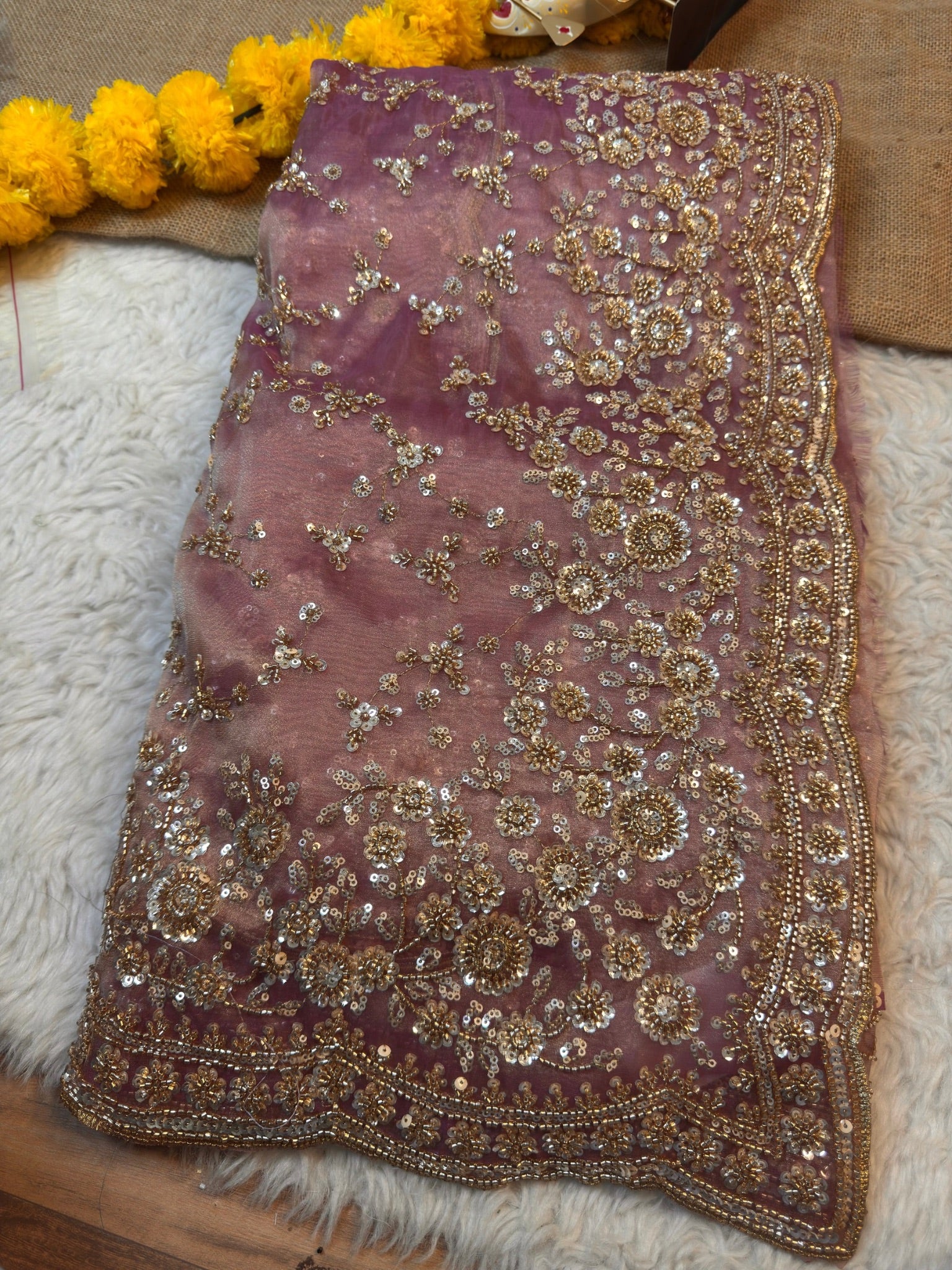 Ultra Luxury Blush Pink Fandy Satin Silk Saree with Gold Beads, Cutdana, Sequins Embroidery Work (SC38121)
