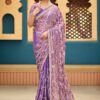 Ultra Luxury Purple Fandy Satin Silk Saree with Gold Beads, Cutdana, Sequins Embroidery Work (SC20111)