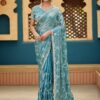 Ultra Luxury Teal Blue Fandy Satin Silk Saree with Gold Beads, Cutdana, Sequins Embroidery Work (SC20112)