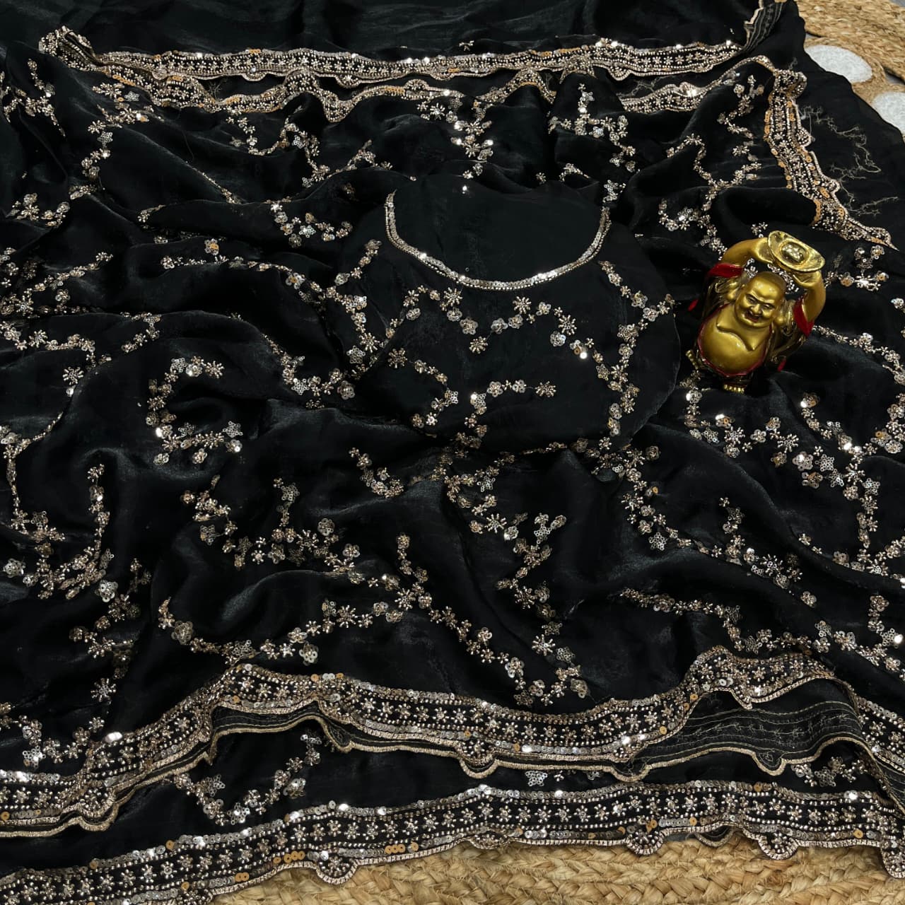 Black Gold Beads, Sequins Embroidered Partywear Fandy Satin Silk Saree (SC11244)