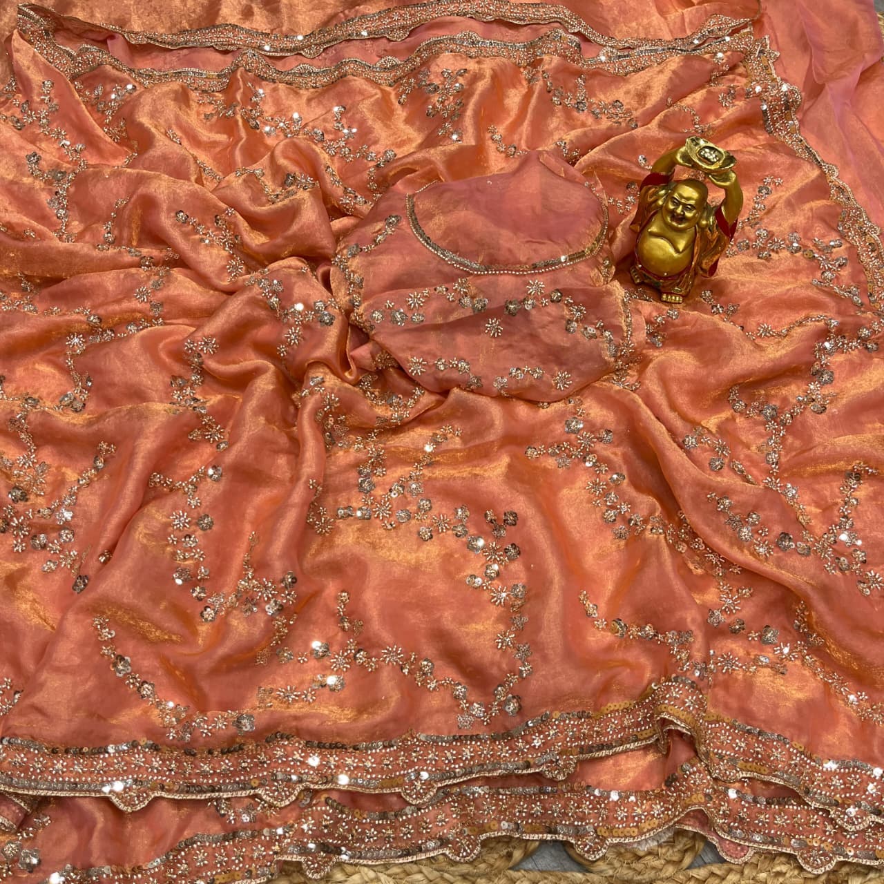 Peach Gold Beads, Sequins Embroidered Partywear Fandy Satin Silk Saree (SC11242)