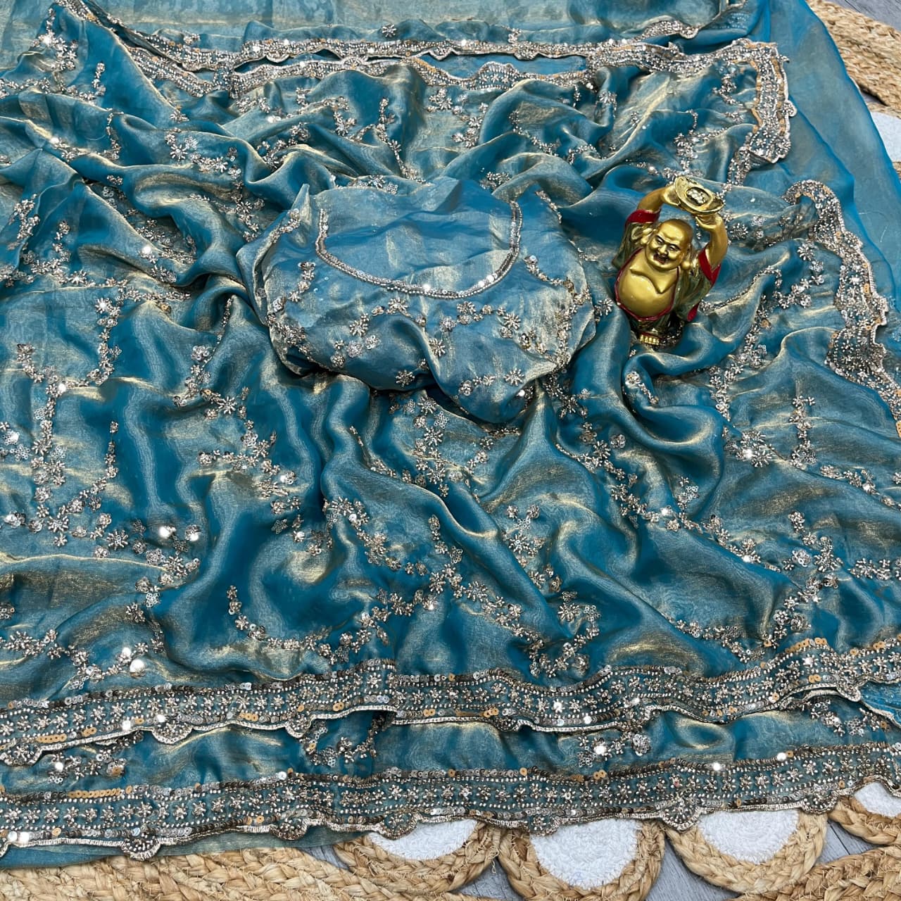 Sky Blue Gold Beads, Sequins Embroidered Partywear Fandy Satin Silk Saree (SC11245) - Image 2