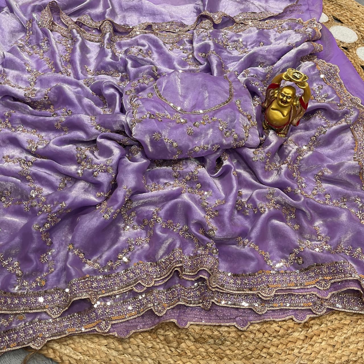 Levender Gold Beads, Sequins Embroidered Partywear Fandy Satin Silk Saree (SC11243) - Image 2