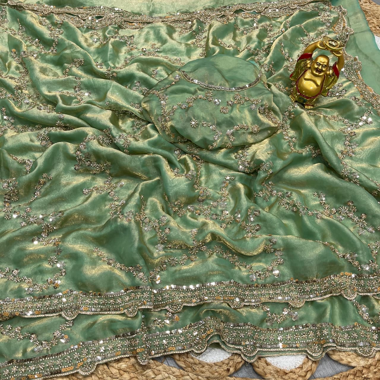 Sea Green Gold Beads, Sequins Embroidered Partywear Fandy Satin Silk Saree (SC11247) - Image 2