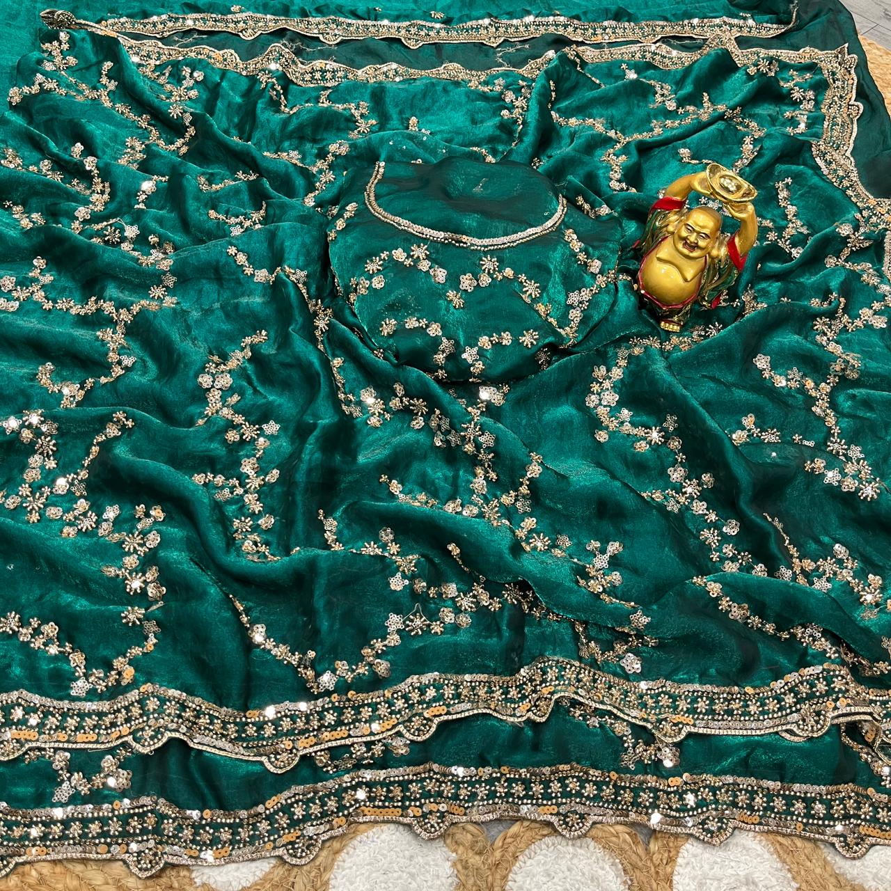 Green Gold Beads, Sequins Embroidered Partywear Fandy Satin Silk Saree (SC11246)