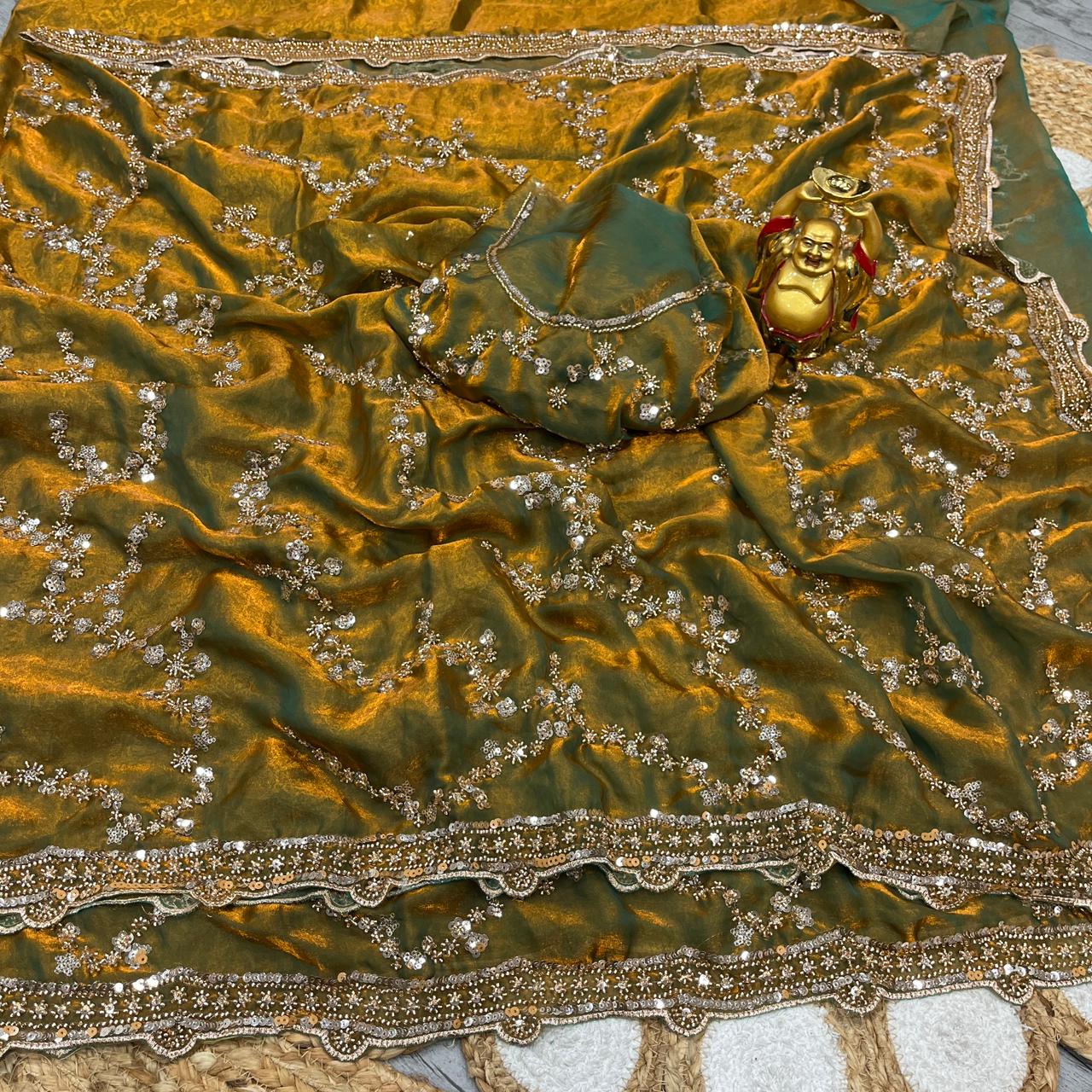 Olive Gold Beads, Sequins Embroidered Partywear Fandy Satin Silk Saree (SC11241) - Image 3