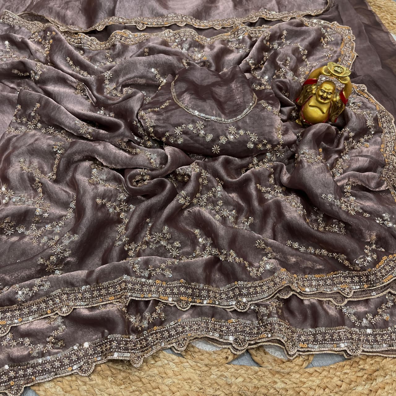 Chocolate Brown Gold Beads, Sequins Embroidered Partywear Fandy Satin Silk Saree (SC11250) - Image 2