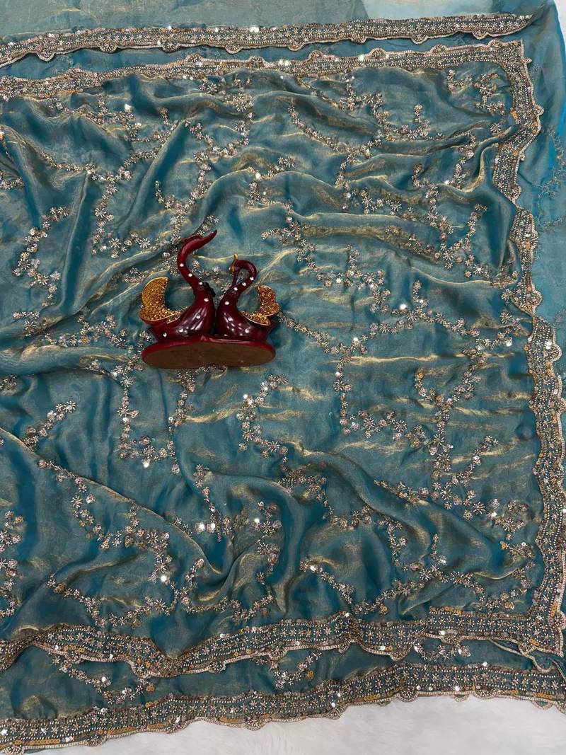 Sky Blue Gold Beads, Sequins Embroidered Partywear Fandy Satin Silk Saree (SC11245)