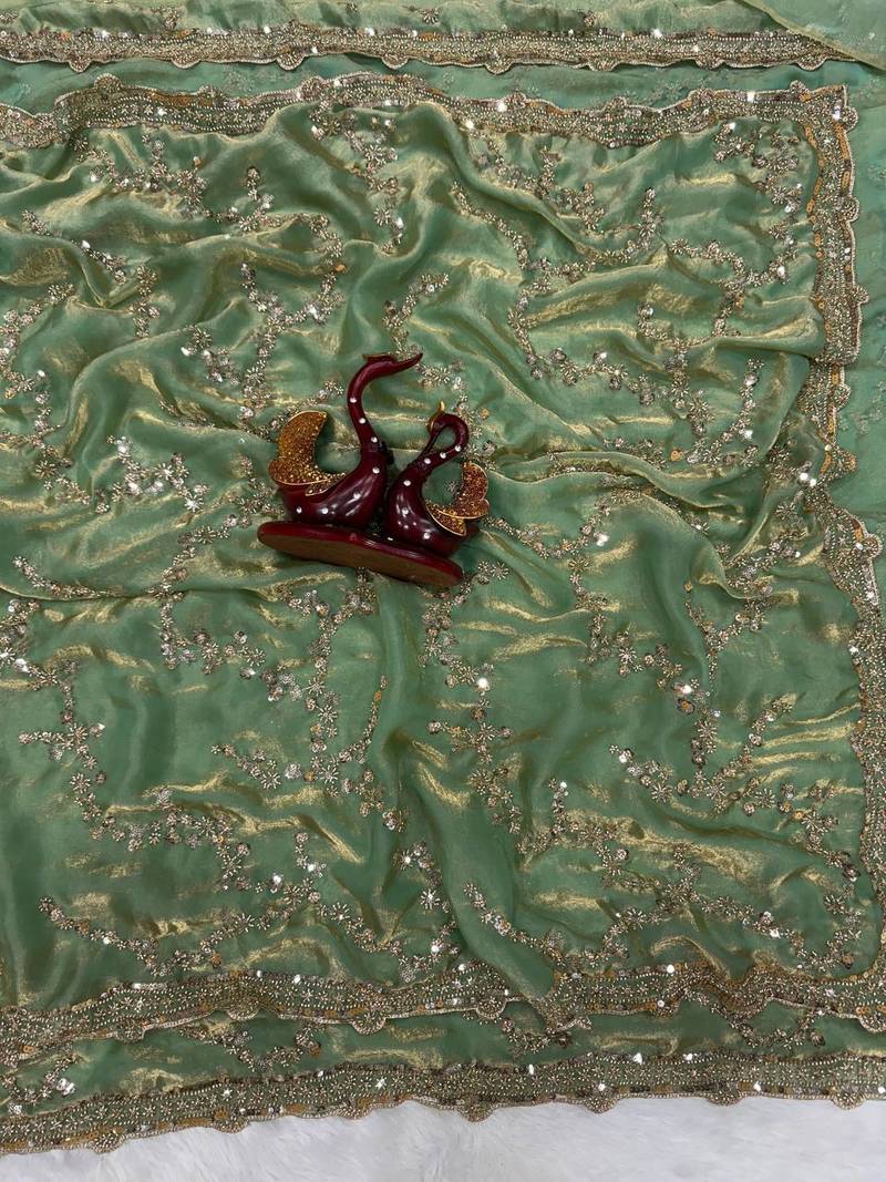 Sea Green Gold Beads, Sequins Embroidered Partywear Fandy Satin Silk Saree (SC11247)