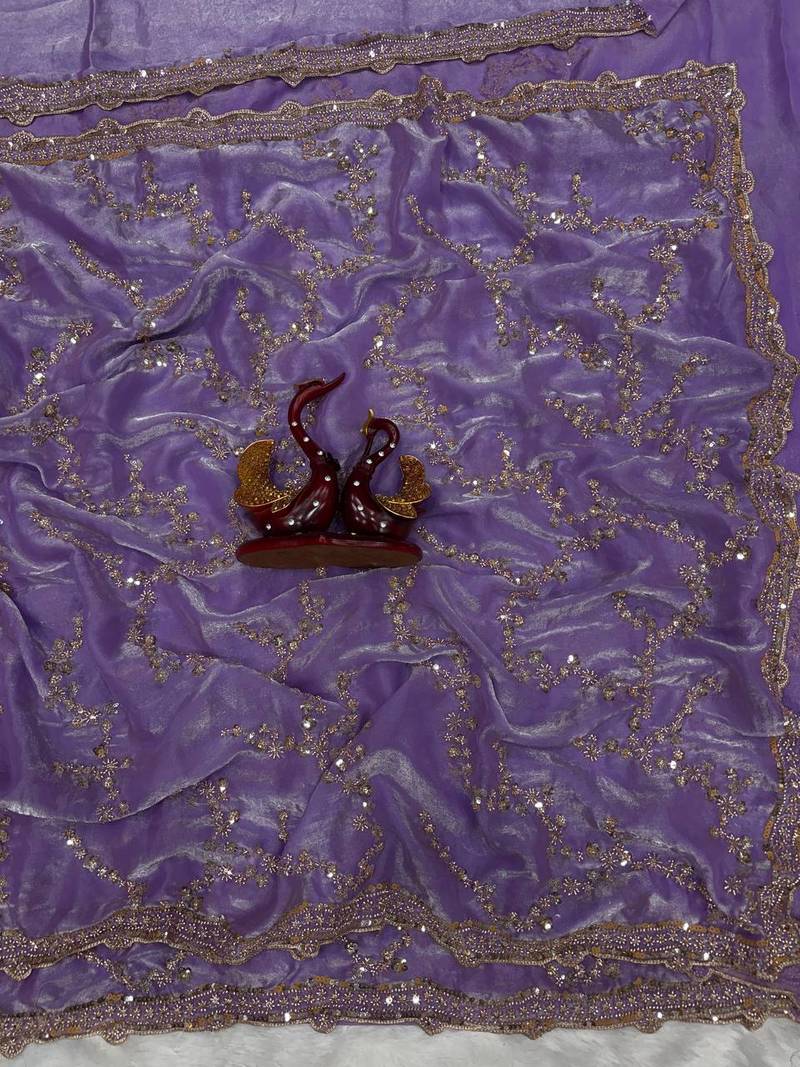 Levender Gold Beads, Sequins Embroidered Partywear Fandy Satin Silk Saree (SC11243)