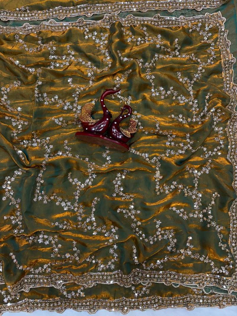 Olive Gold Beads, Sequins Embroidered Partywear Fandy Satin Silk Saree (SC11241)