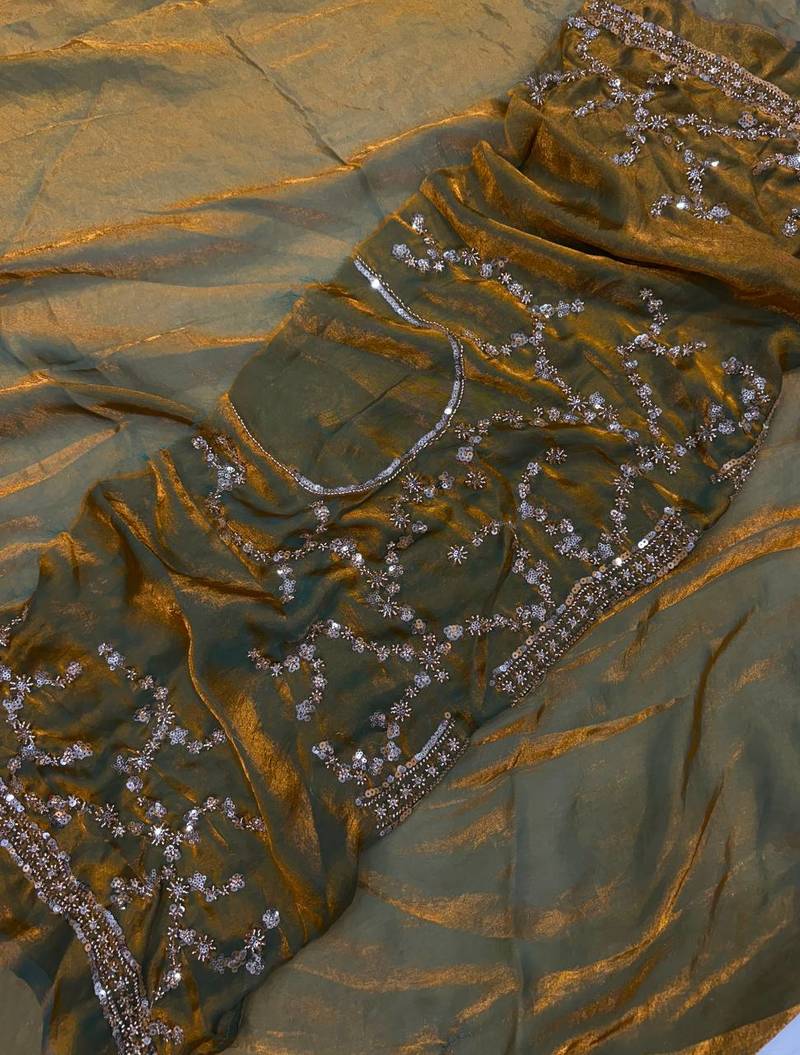 Olive Gold Beads, Sequins Embroidered Partywear Fandy Satin Silk Saree (SC11241) - Image 2