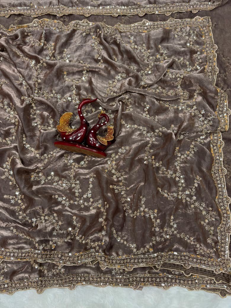 Chocolate Brown Gold Beads, Sequins Embroidered Partywear Fandy Satin Silk Saree (SC11250)