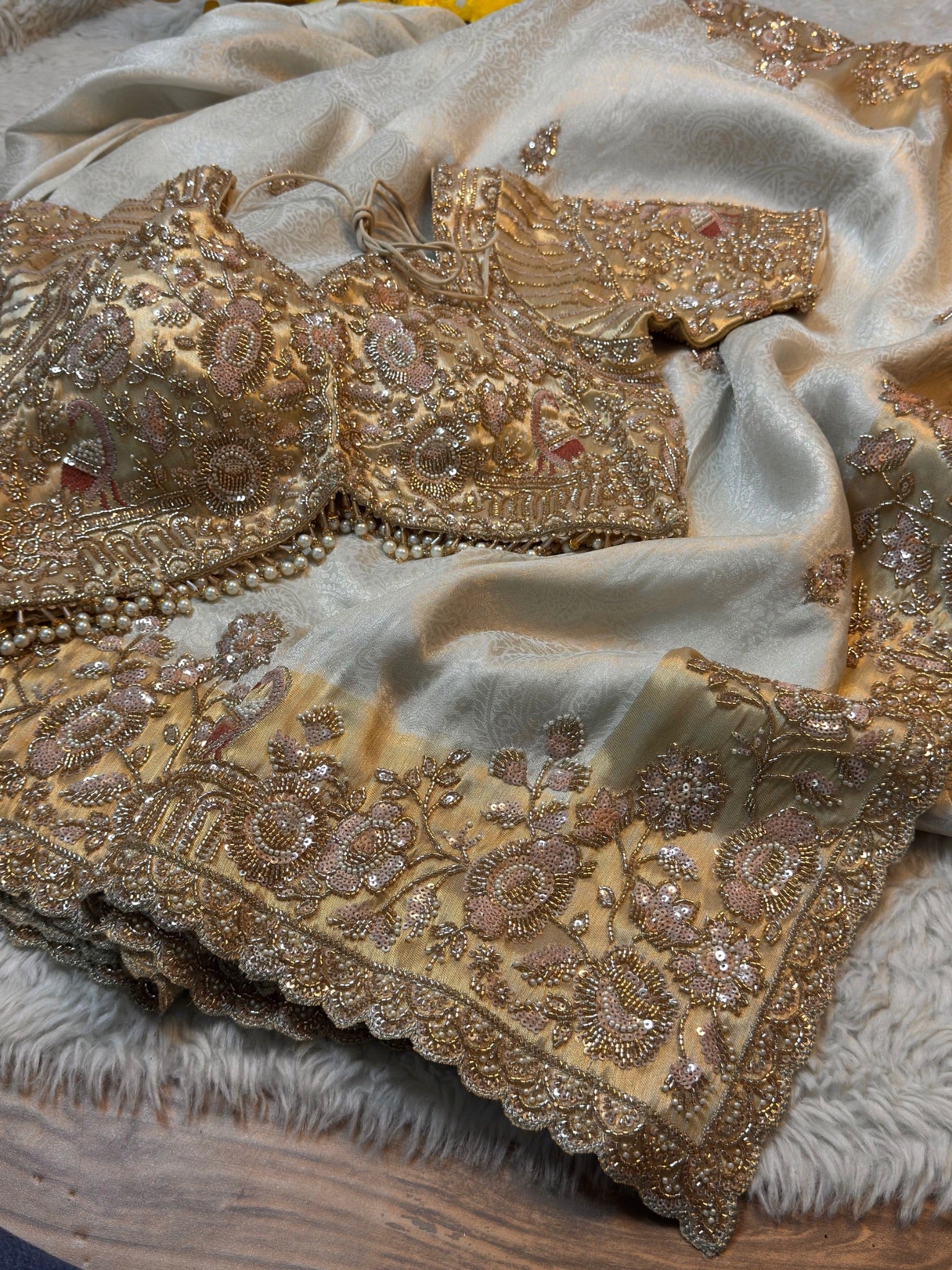 Royale Ivory Gold Luxury Designer Silk Saree with Pearl, Zari, Sequins, Cutdana, Beads, Embroidery Work Saree with Readymade Blouse (SC45112) - Image 8