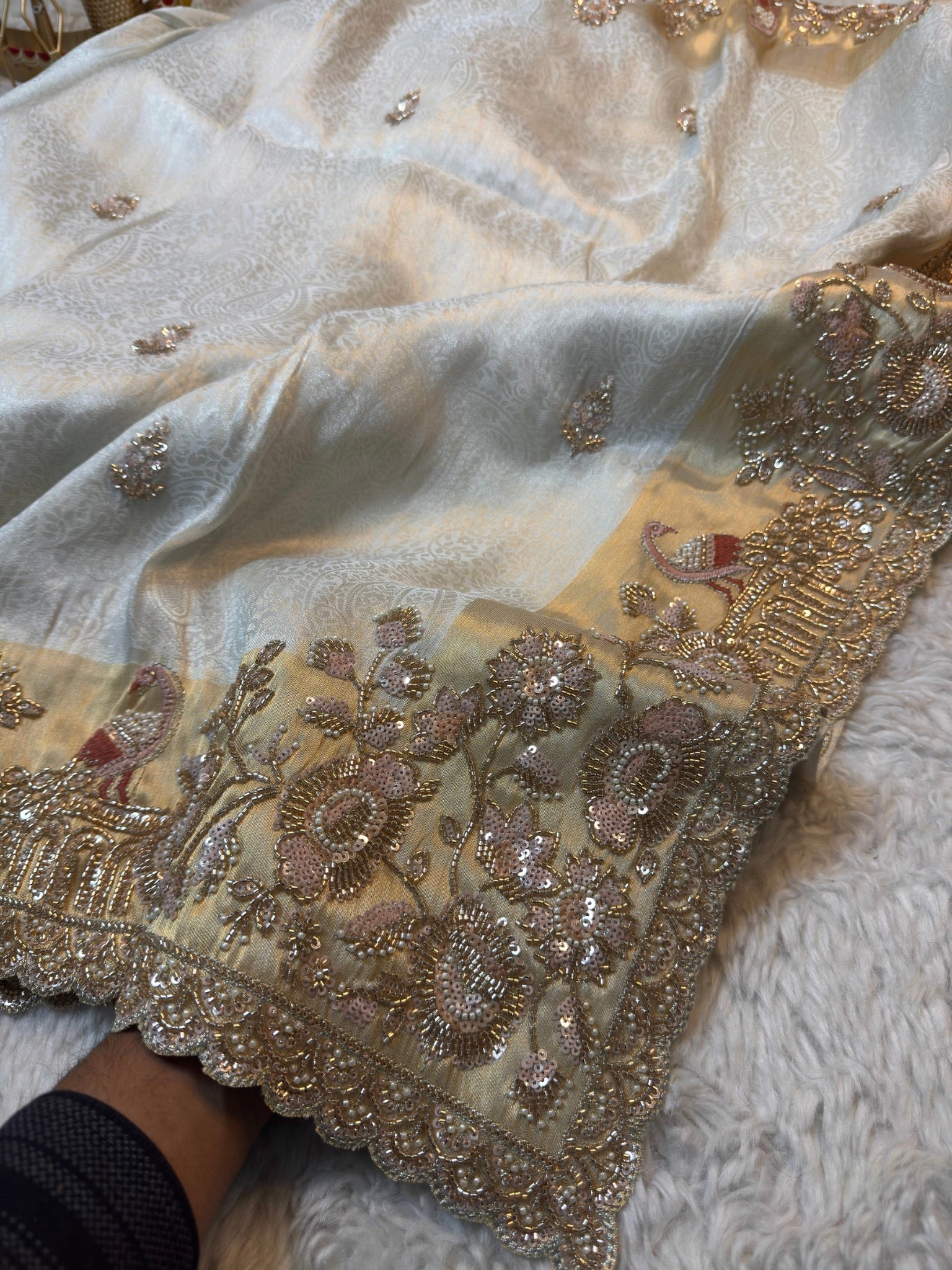 Royale Ivory Gold Luxury Designer Silk Saree with Pearl, Zari, Sequins, Cutdana, Beads, Embroidery Work Saree with Readymade Blouse (SC45112) - Image 9
