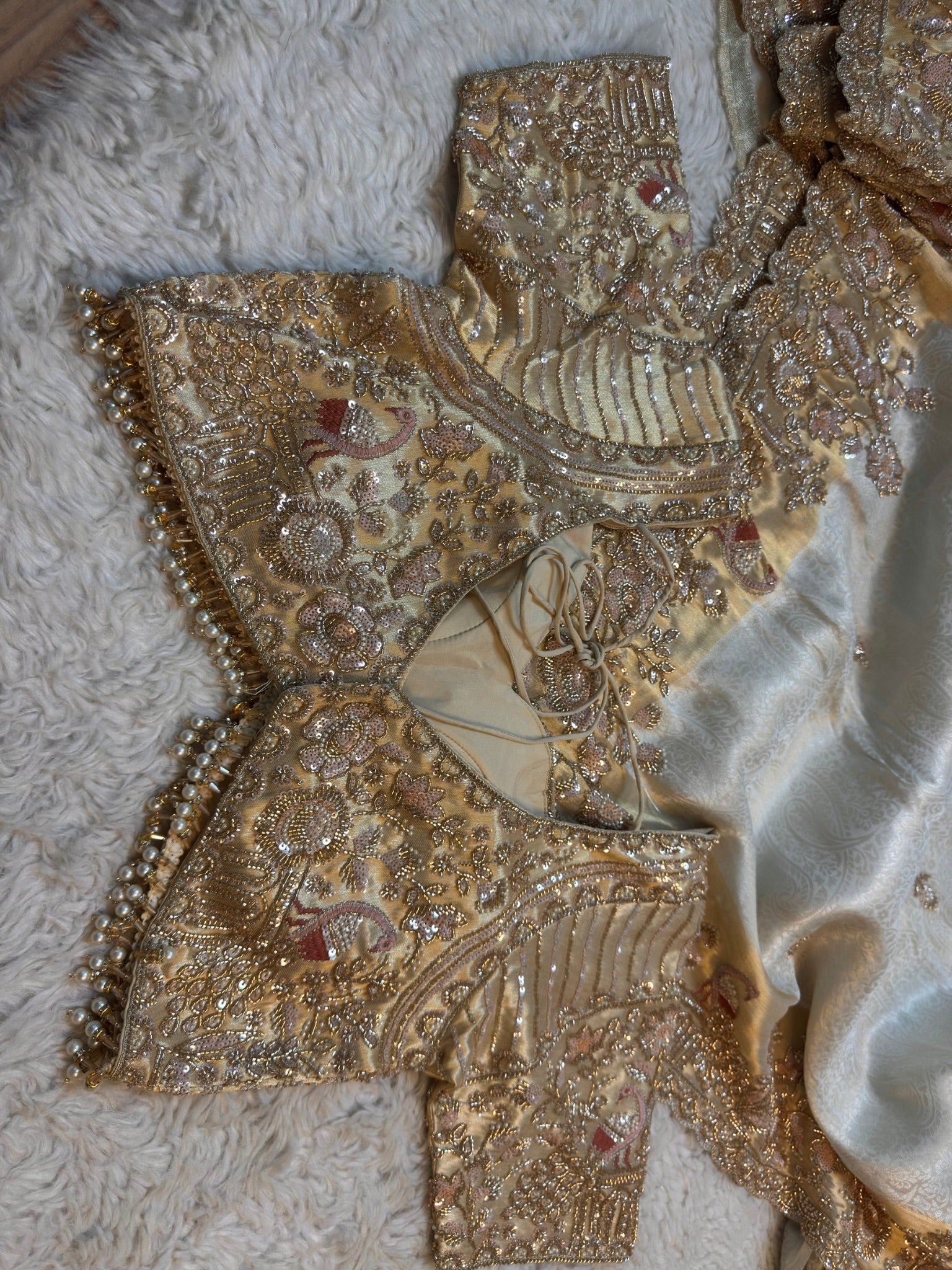 Royale Ivory Gold Luxury Designer Silk Saree with Pearl, Zari, Sequins, Cutdana, Beads, Embroidery Work Saree with Readymade Blouse (SC45112) - Image 11
