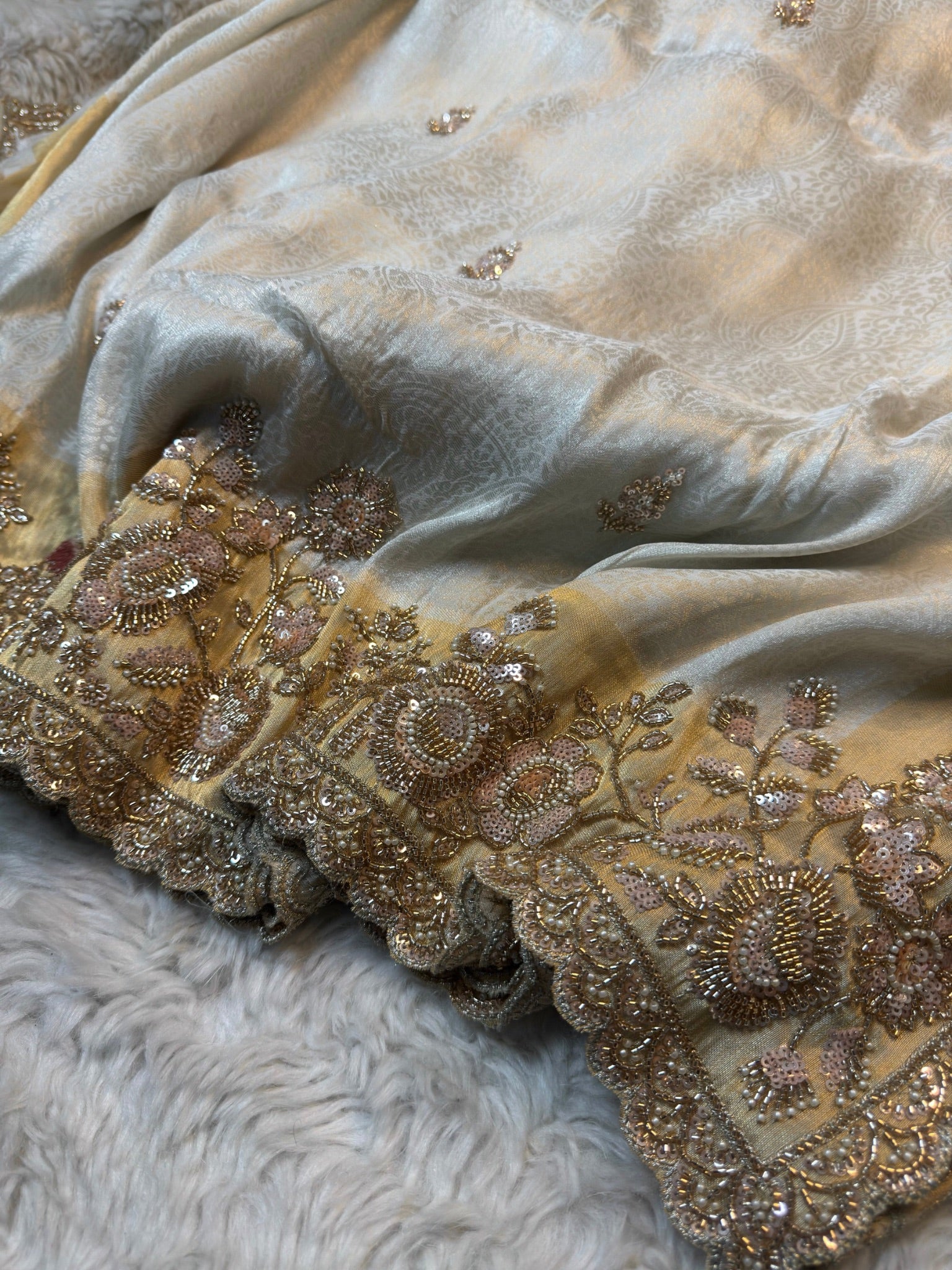Royale Ivory Gold Luxury Designer Silk Saree with Pearl, Zari, Sequins, Cutdana, Beads, Embroidery Work Saree with Readymade Blouse (SC45112) - Image 12