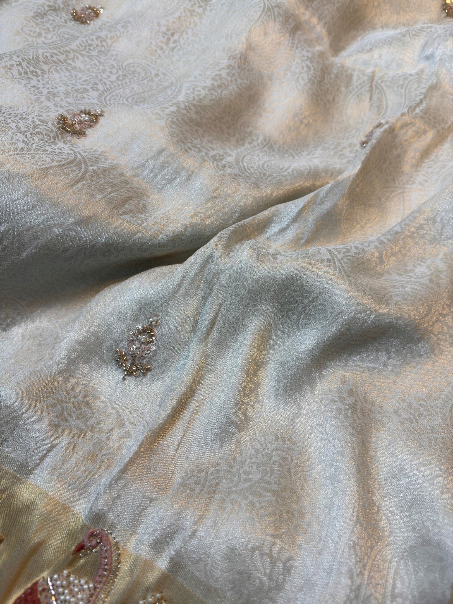 Royale Ivory Gold Luxury Designer Silk Saree with Pearl, Zari, Sequins, Cutdana, Beads, Embroidery Work Saree with Readymade Blouse (SC45112) - Image 13