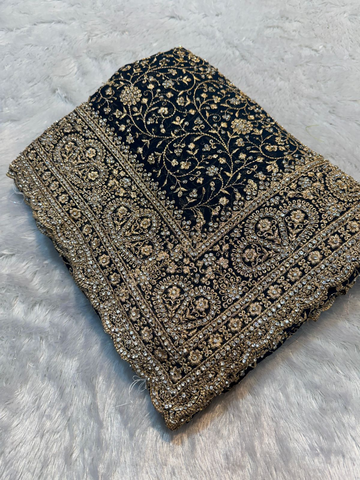 Ultra Luxury Dark Blue Soft Georgette Saree with Diamond Stone Work and Flowery Gold Zari Embroidery Work (SC34112)