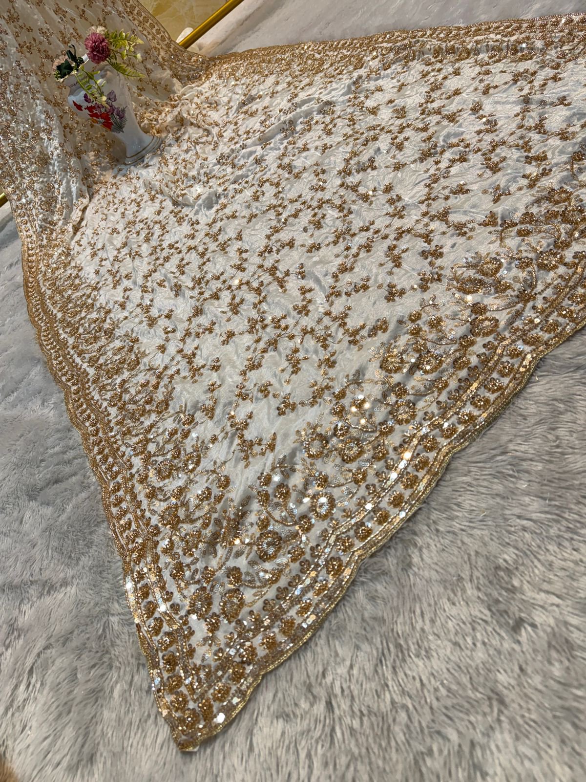 Ultra Luxury Ivory Gold Fandy Satin Silk Saree with Gold Beads, Cutdana, Sequins Embroidery Work (SC38117) - Image 7