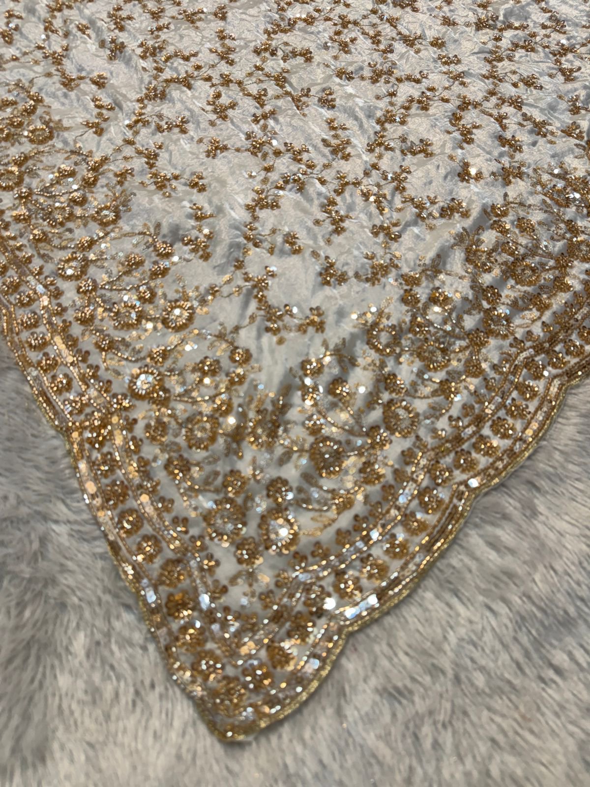 Ultra Luxury Ivory Gold Fandy Satin Silk Saree with Gold Beads, Cutdana, Sequins Embroidery Work (SC38117) - Image 2