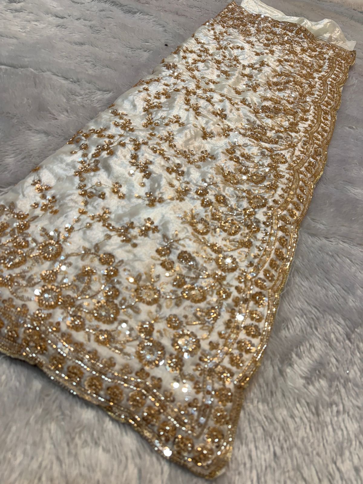 Ultra Luxury Ivory Gold Fandy Satin Silk Saree with Gold Beads, Cutdana, Sequins Embroidery Work (SC38117) - Image 6