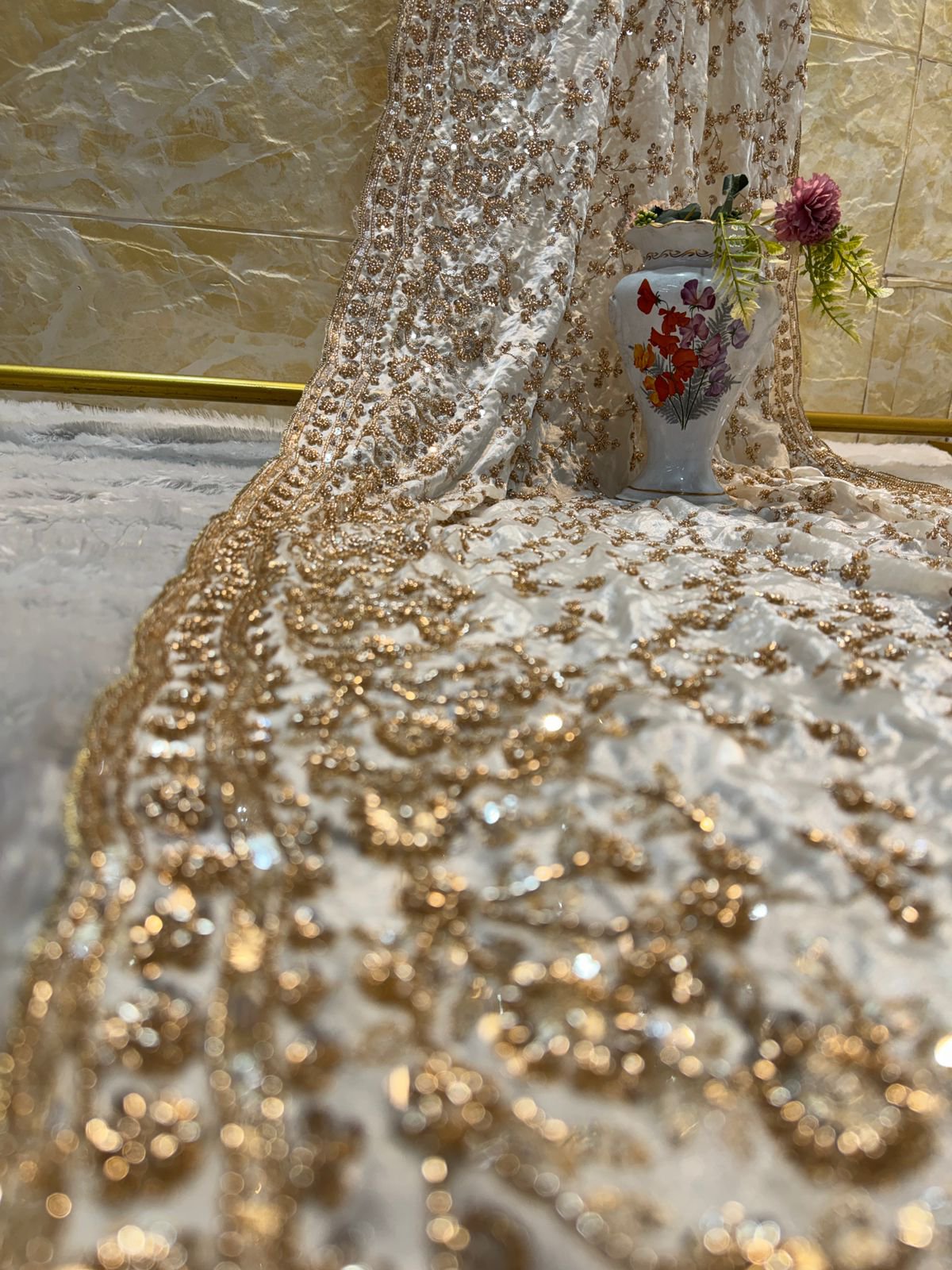 Ultra Luxury Ivory Gold Fandy Satin Silk Saree with Gold Beads, Cutdana, Sequins Embroidery Work (SC38117) - Image 4