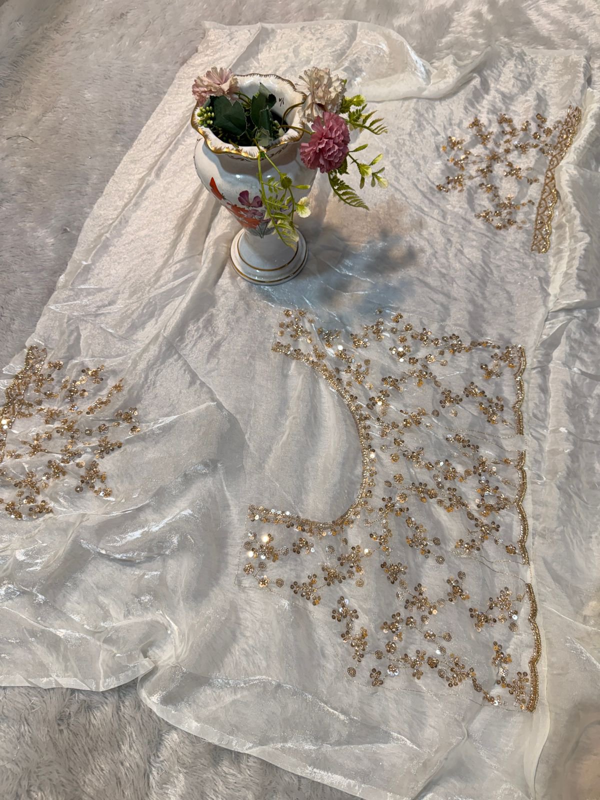 Ultra Luxury Ivory Gold Fandy Satin Silk Saree with Gold Beads, Cutdana, Sequins Embroidery Work (SC38117) - Image 5
