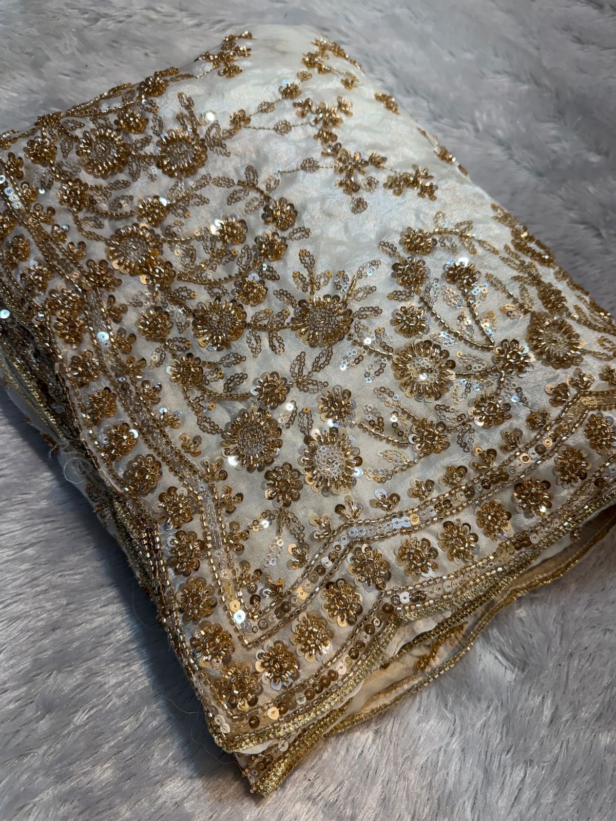 Ultra Luxury Ivory Gold Fandy Satin Silk Saree with Gold Beads, Cutdana, Sequins Embroidery Work (SC38117)
