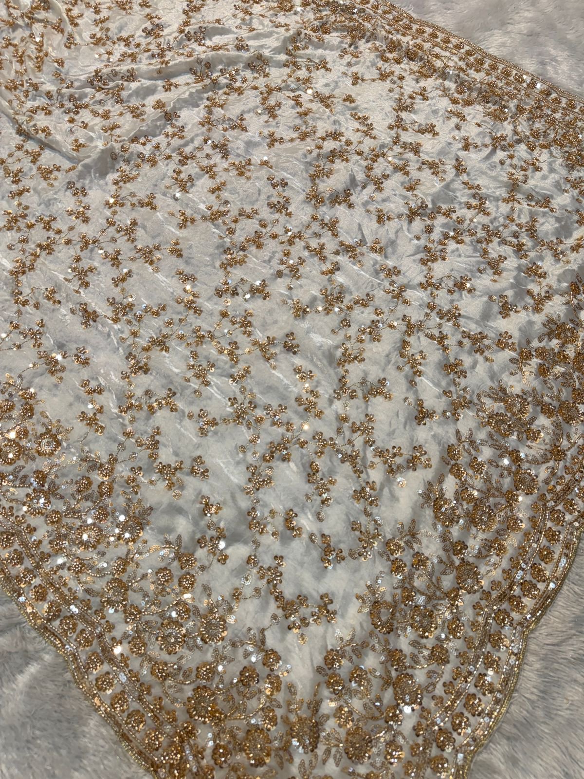 Ultra Luxury Ivory Gold Fandy Satin Silk Saree with Gold Beads, Cutdana, Sequins Embroidery Work (SC38117) - Image 3