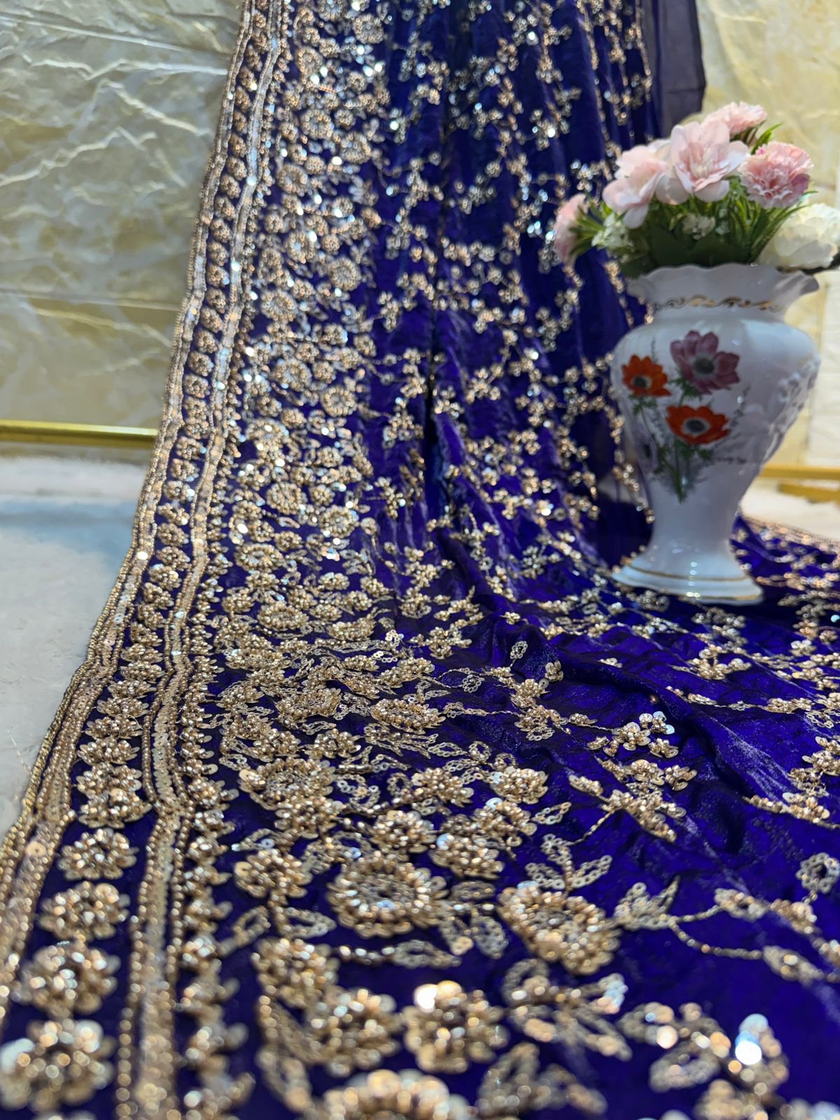 Ultra Luxury Blue Fandy Satin Silk Saree with Gold Beads, Cutdana, Sequins Embroidery Work (SC38112) - Image 3