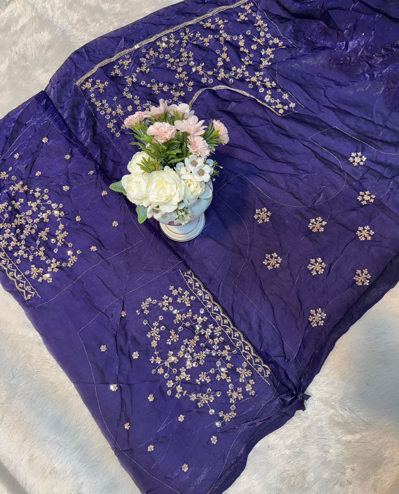 Ultra Luxury Blue Fandy Satin Silk Saree with Gold Beads, Cutdana, Sequins Embroidery Work (SC38112) - Image 4