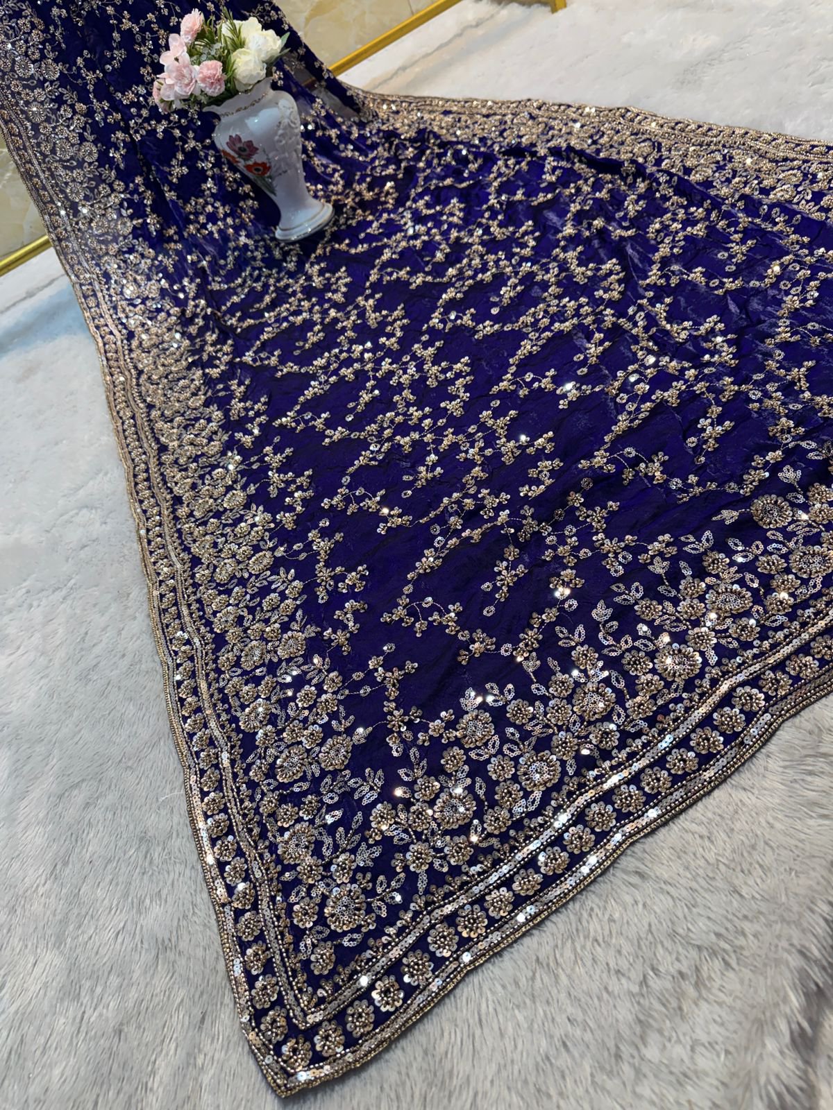 Ultra Luxury Blue Fandy Satin Silk Saree with Gold Beads, Cutdana, Sequins Embroidery Work (SC38112) - Image 2