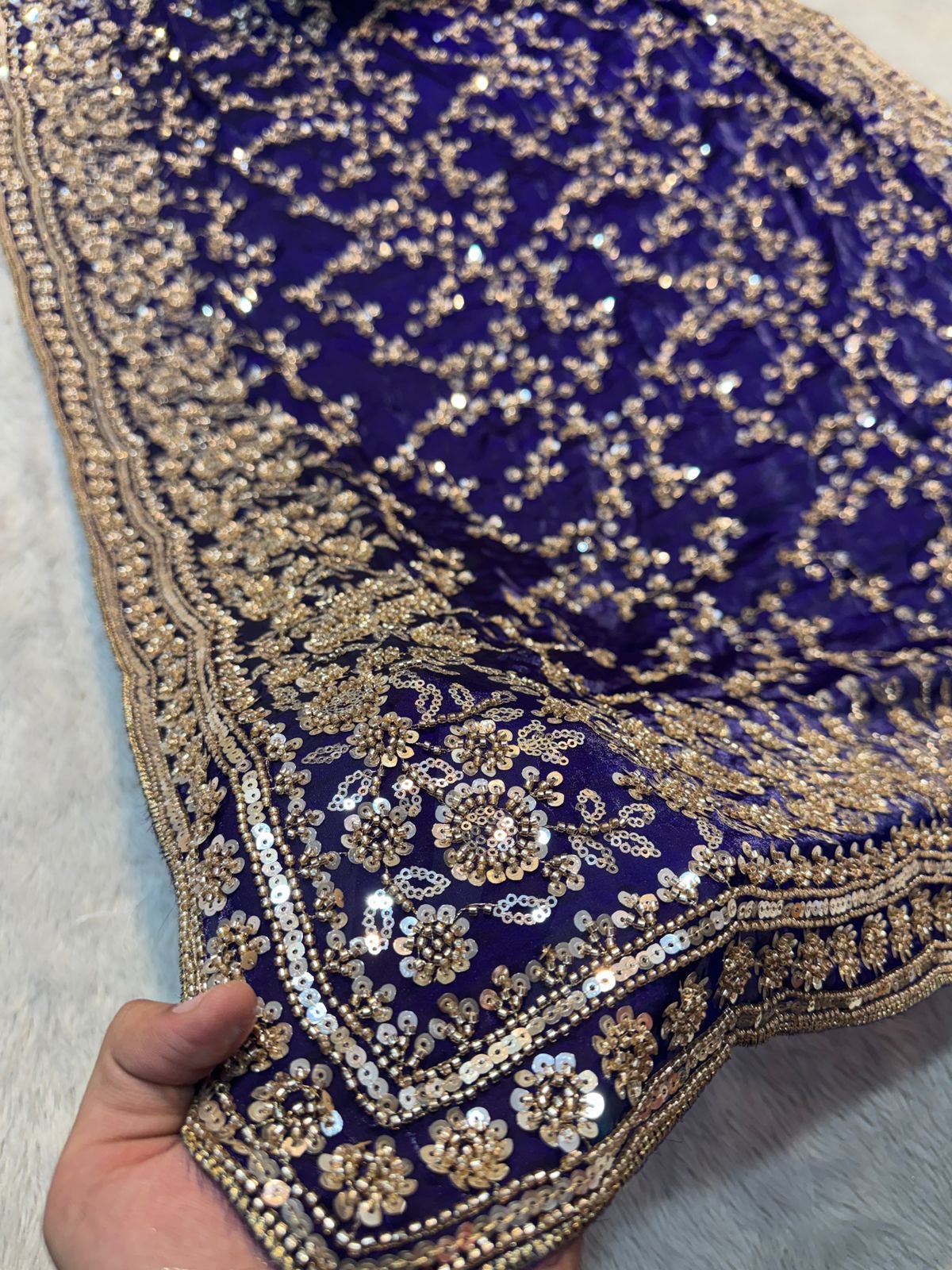 Ultra Luxury Blue Fandy Satin Silk Saree with Gold Beads, Cutdana, Sequins Embroidery Work (SC38112) - Image 5