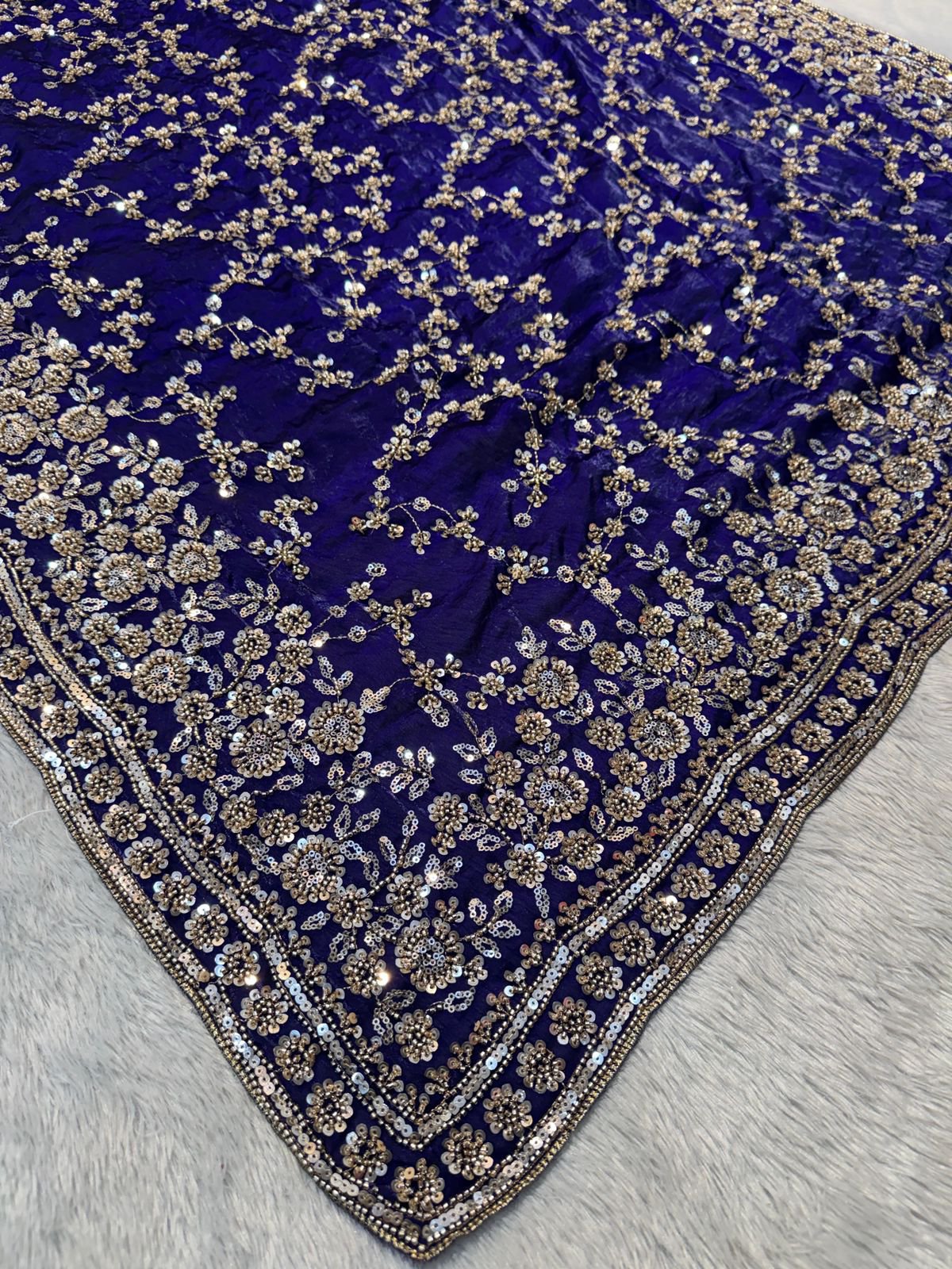 Ultra Luxury Blue Fandy Satin Silk Saree with Gold Beads, Cutdana, Sequins Embroidery Work (SC38112) - Image 6